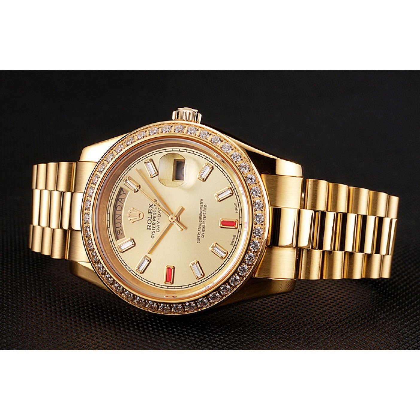 MiroTime Swiss Rolex Day-Date Diamonds And Rubies Champagne Dial Gold Bracelet 1454100
