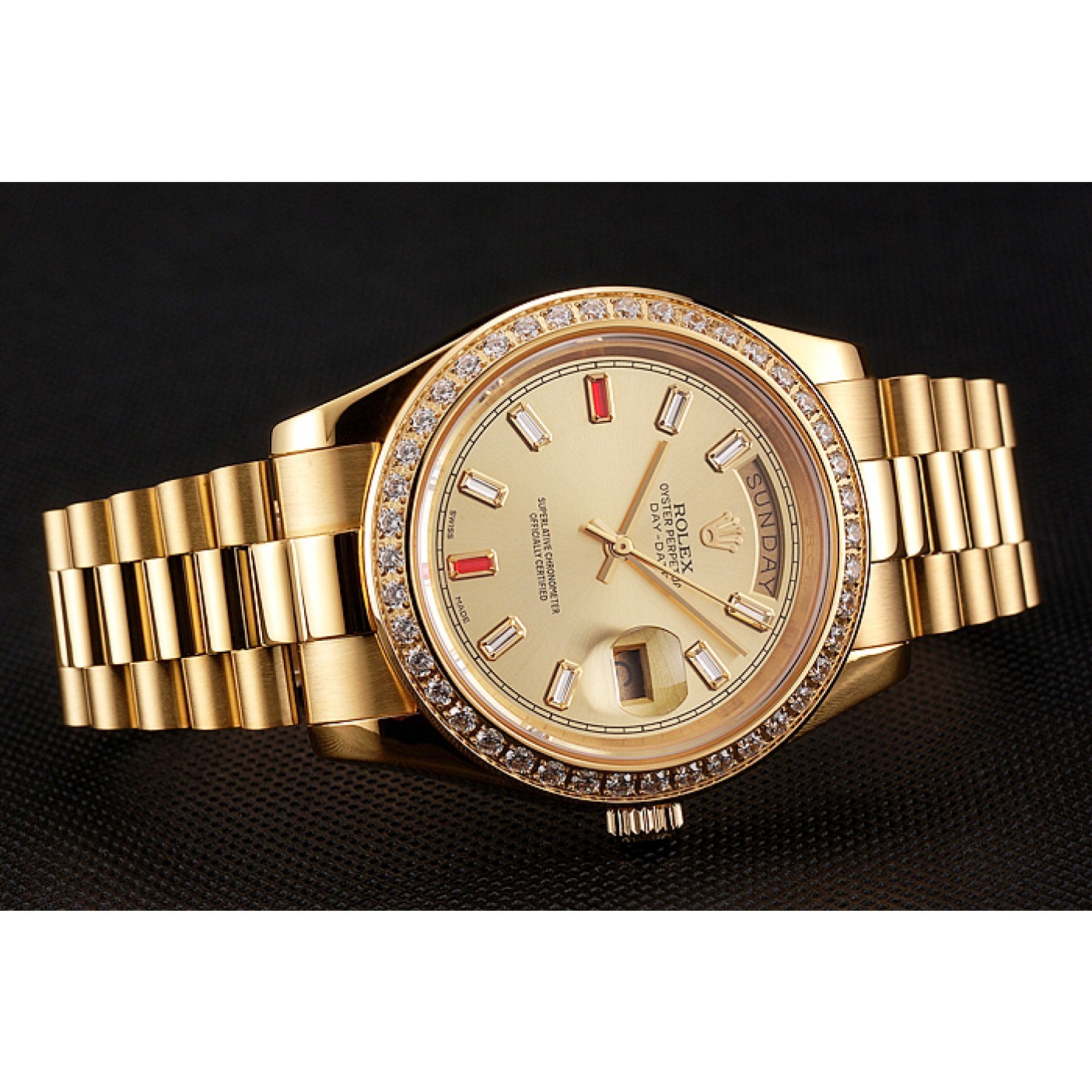 MiroTime Swiss Rolex Day-Date Diamonds And Rubies Champagne Dial Gold Bracelet 1454100