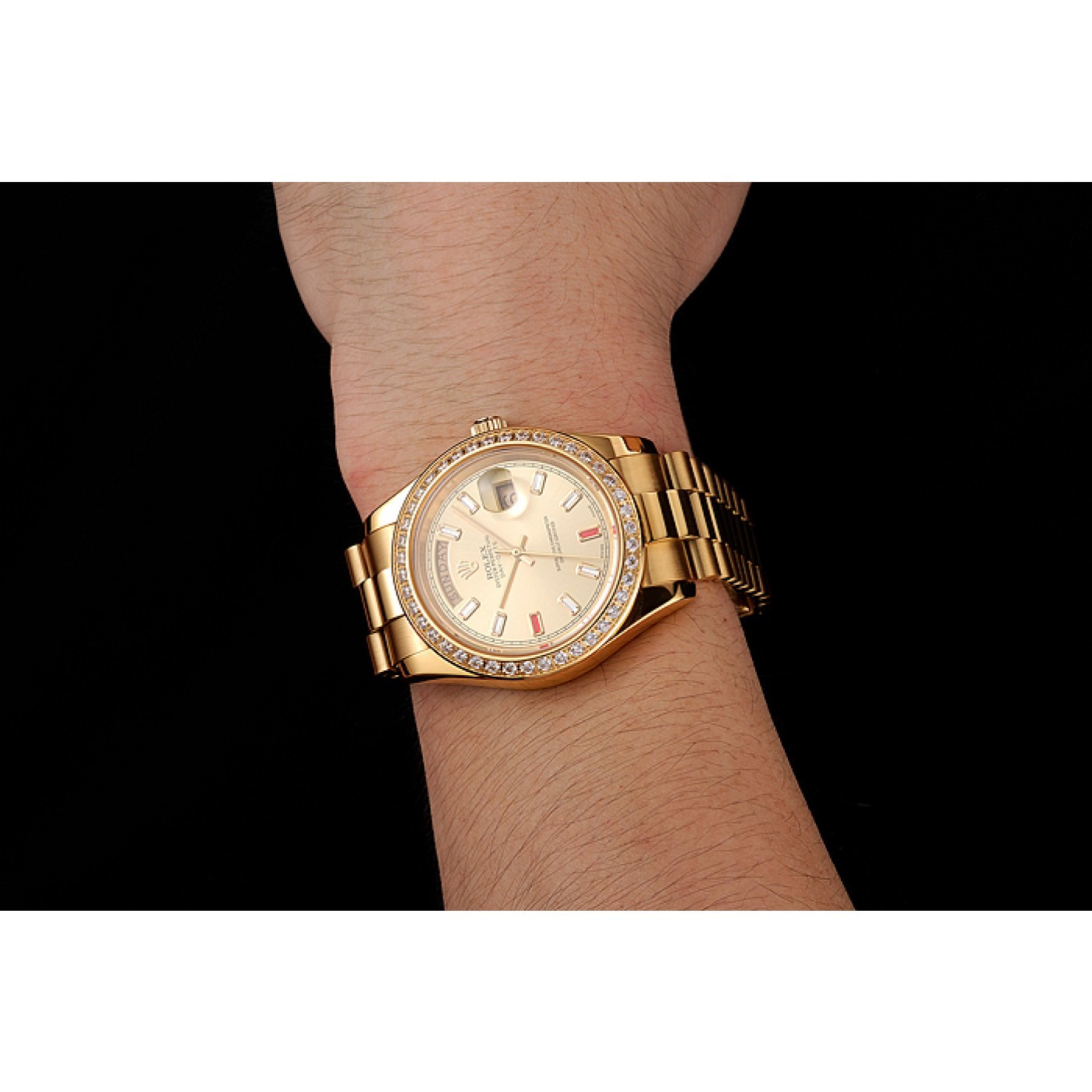 MiroTime Swiss Rolex Day-Date Diamonds And Rubies Champagne Dial Gold Bracelet 1454100