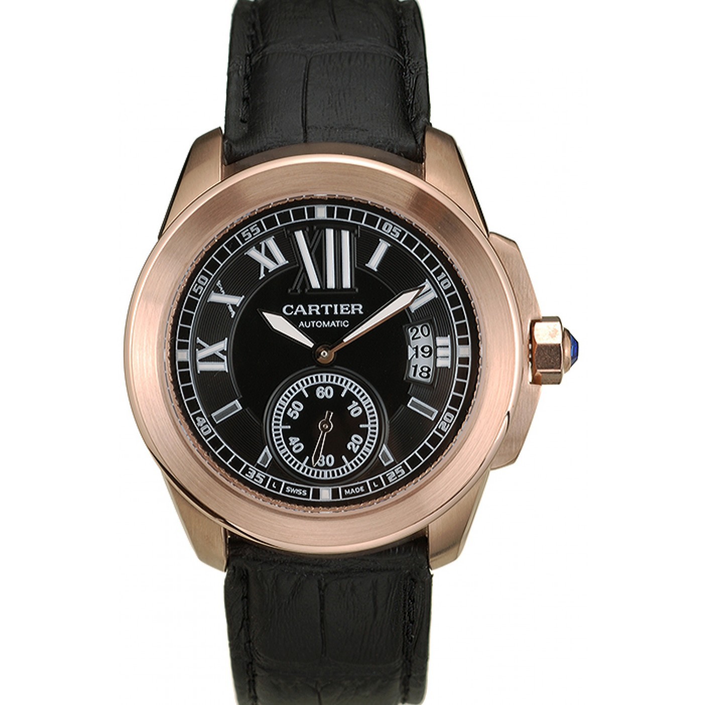 MiroTime Cartier Calibre Black Dial Gold Case Black Leather Bracelet