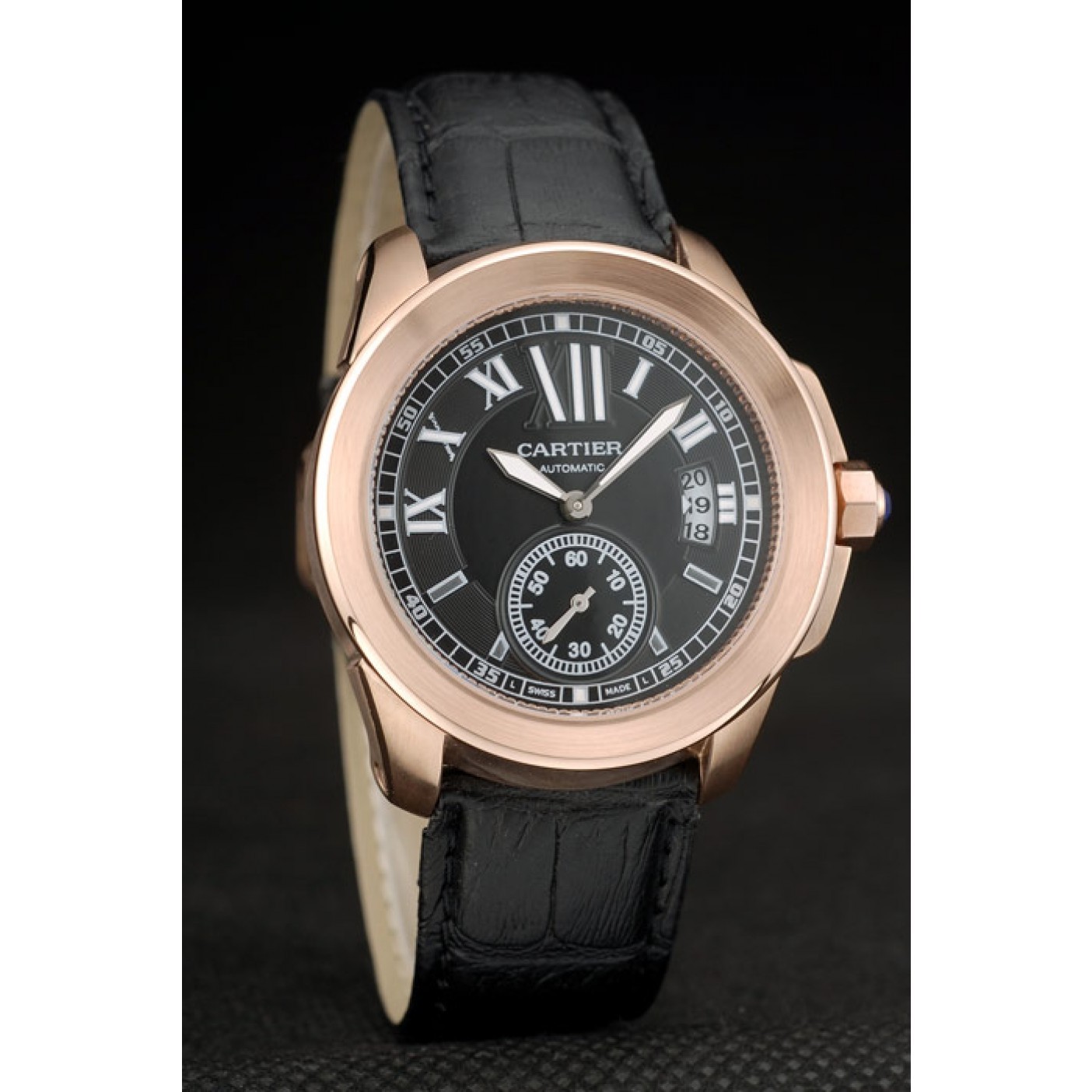 MiroTime Cartier Calibre Black Dial Gold Case Black Leather Bracelet