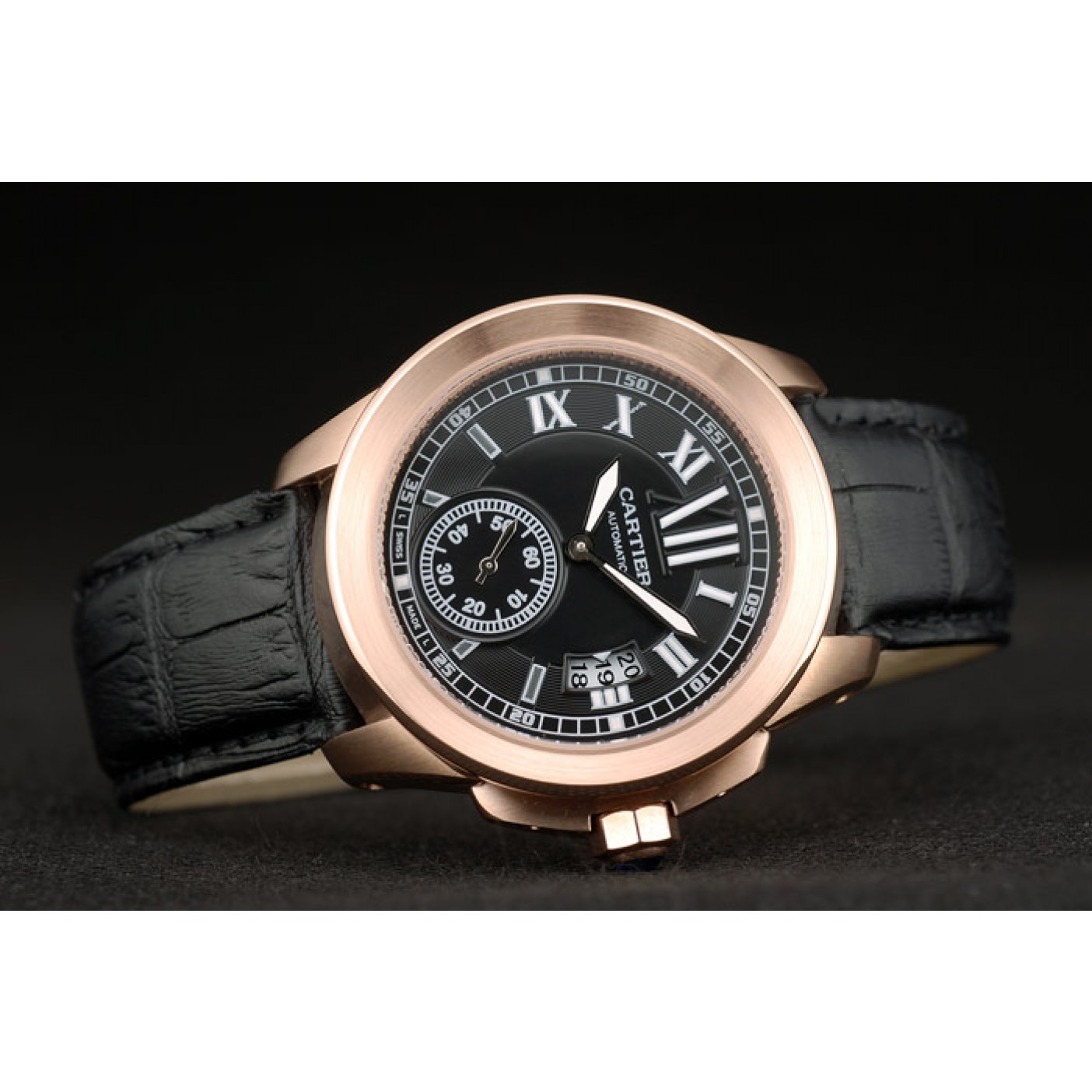 MiroTime Cartier Calibre Black Dial Gold Case Black Leather Bracelet