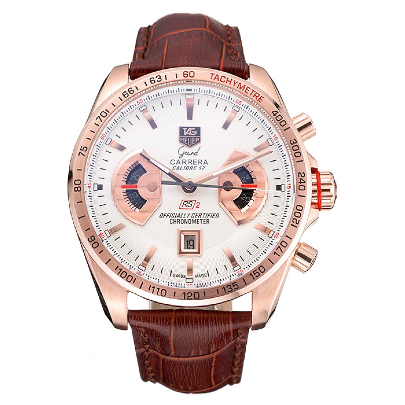 MiroTime Tag Heuer Carrera Rose Gold Case White Dial Brown Leather Strap 98245