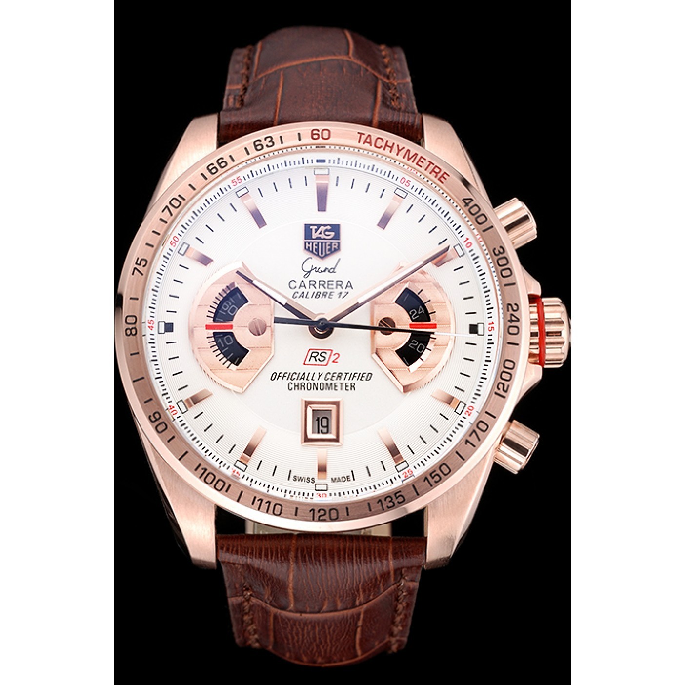 MiroTime Tag Heuer Carrera Rose Gold Case White Dial Brown Leather Strap 98245