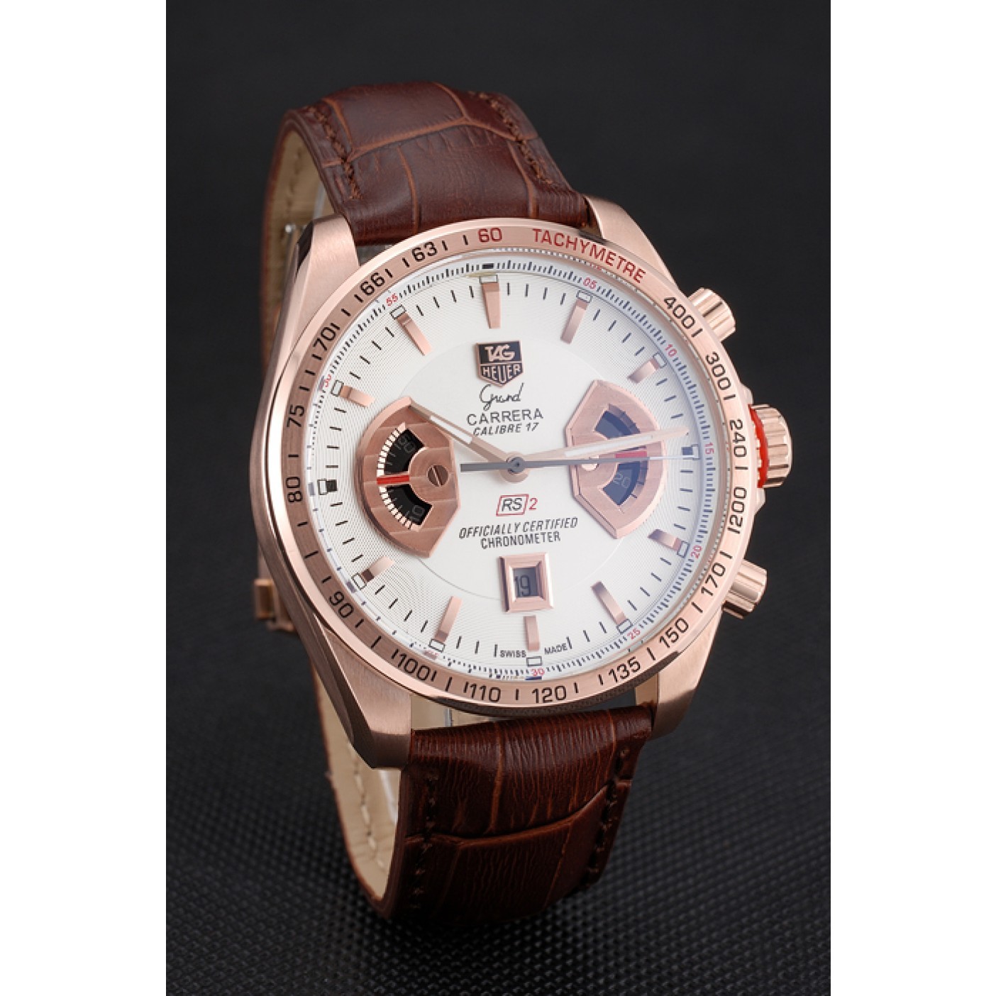 MiroTime Tag Heuer Carrera Rose Gold Case White Dial Brown Leather Strap 98245