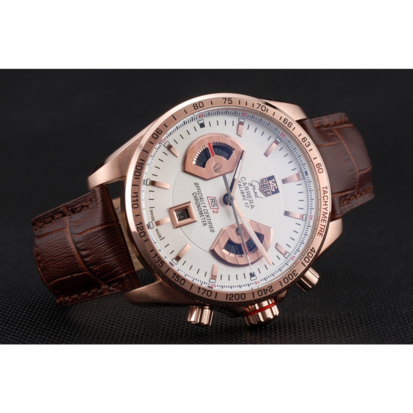 MiroTime Tag Heuer Carrera Rose Gold Case White Dial Brown Leather Strap 98245