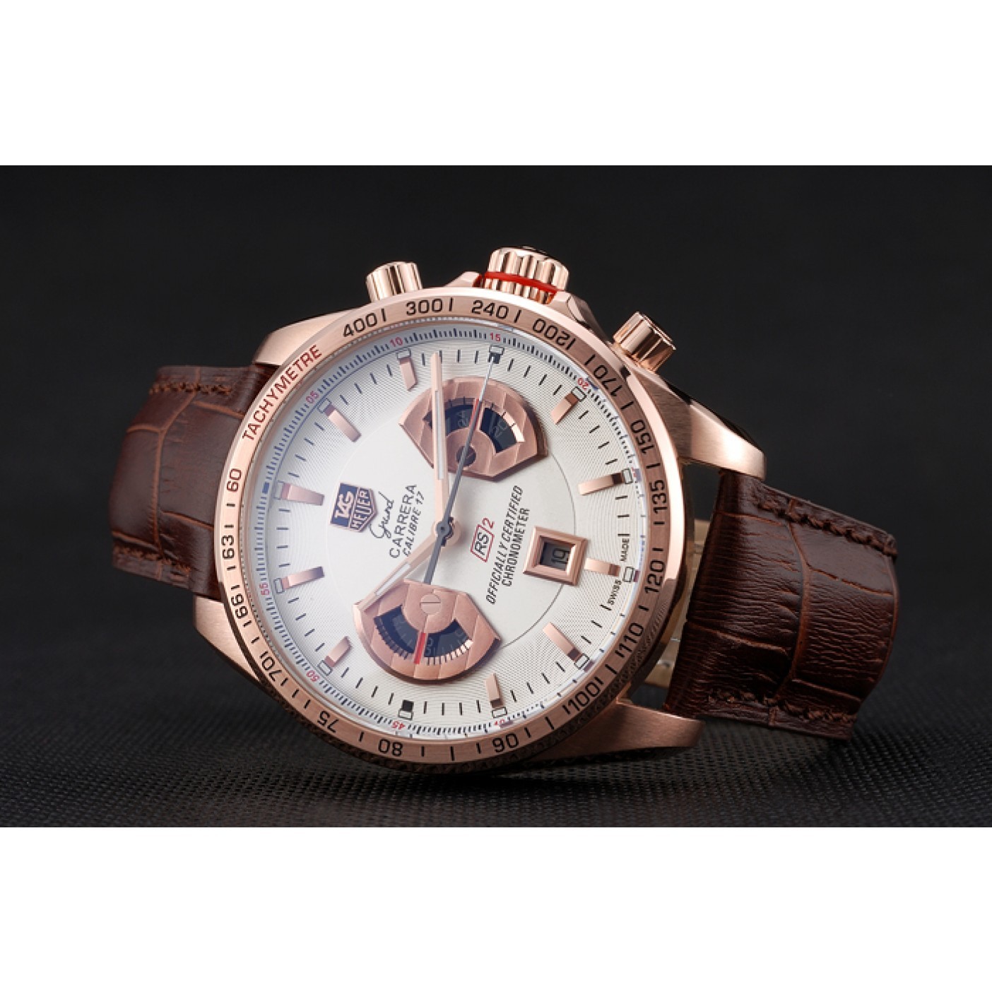 MiroTime Tag Heuer Carrera Rose Gold Case White Dial Brown Leather Strap 98245