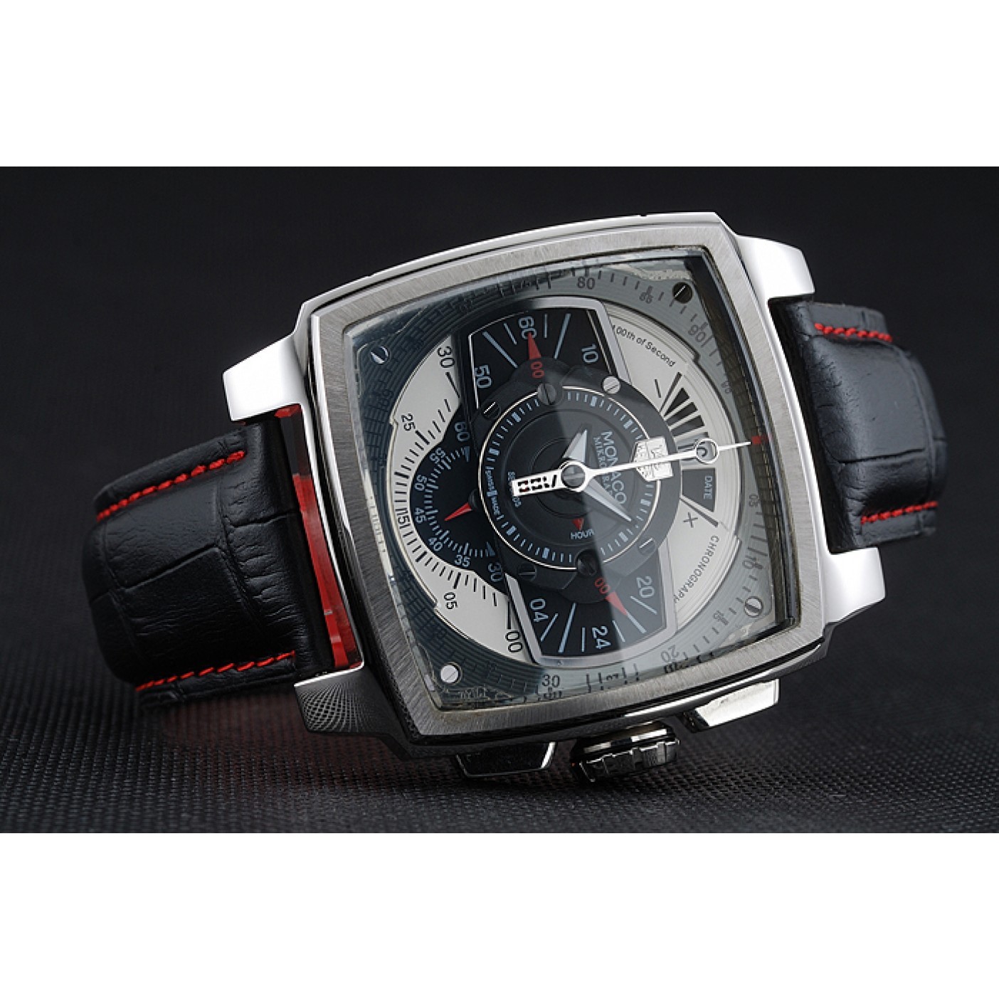 MiroTime Tag Heuer Monaco Black-Green Perforated Leather Strap Black Dial 80308