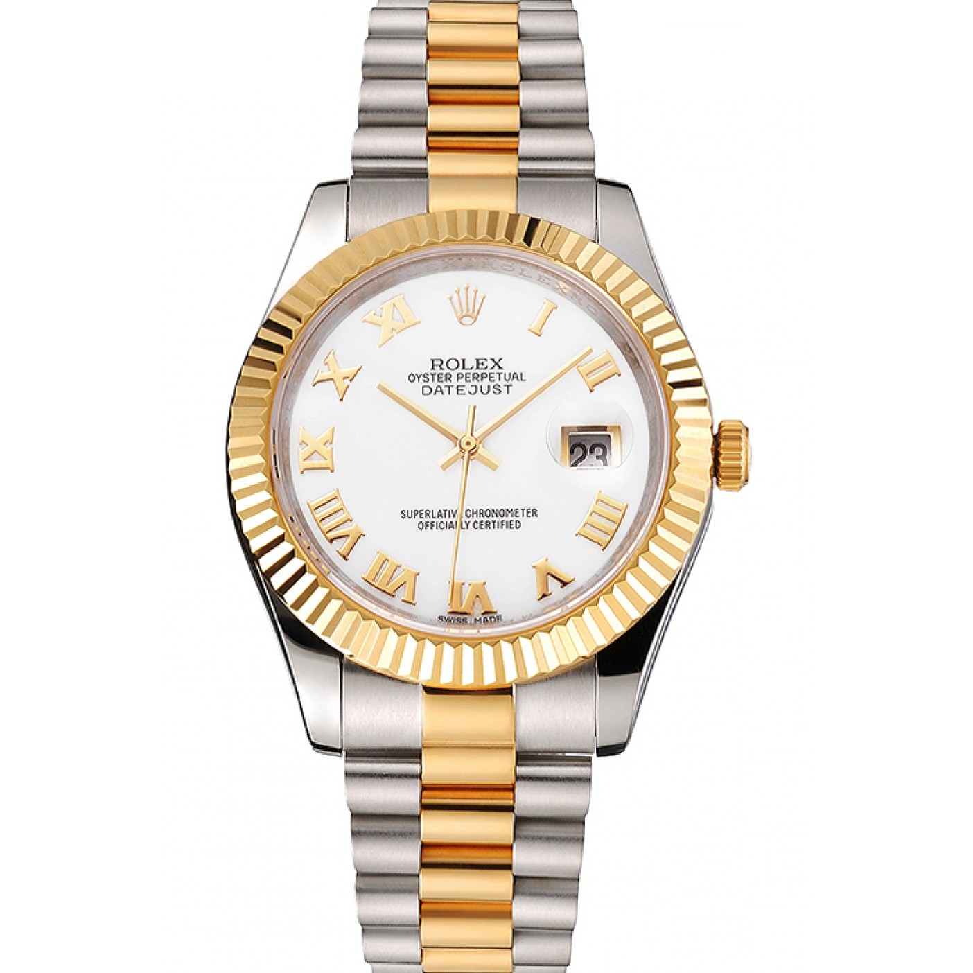 MiroTime Swiss Rolex Datejust White Dial Roman Numerals Gold Bezel Stainless Steel Case Two Tone Bracelet