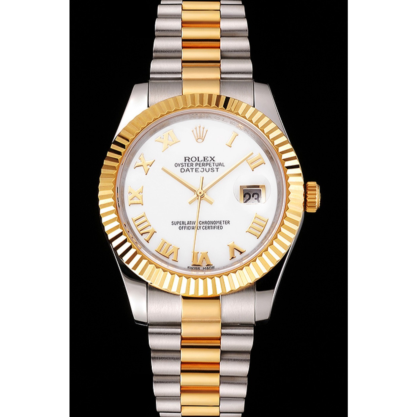 MiroTime Swiss Rolex Datejust White Dial Roman Numerals Gold Bezel Stainless Steel Case Two Tone Bracelet