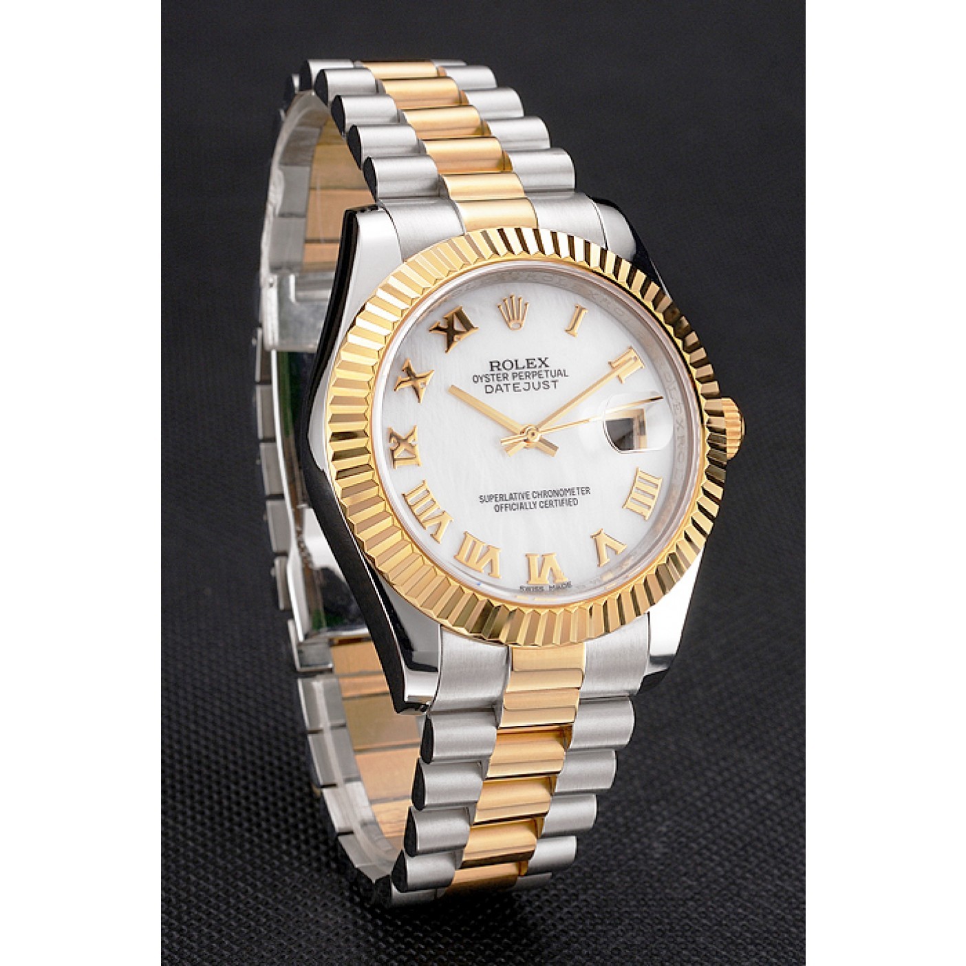 MiroTime Swiss Rolex Datejust White Dial Roman Numerals Gold Bezel Stainless Steel Case Two Tone Bracelet