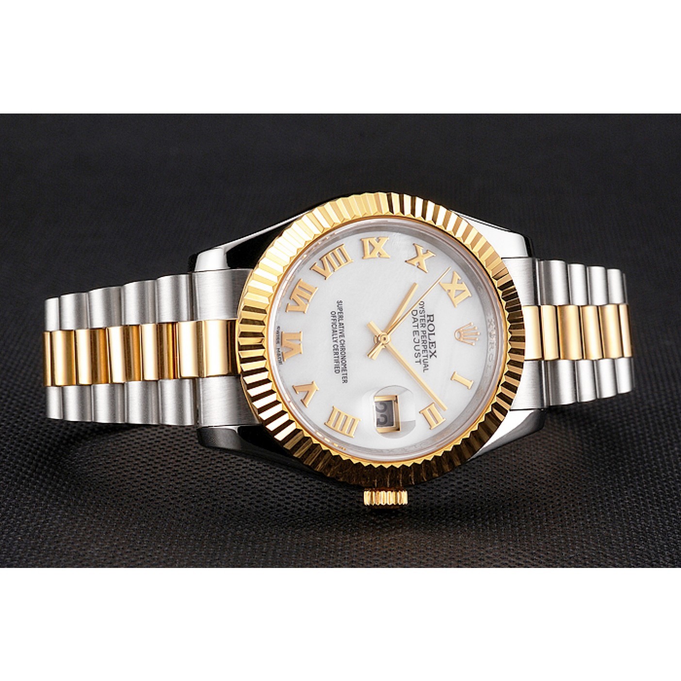MiroTime Swiss Rolex Datejust White Dial Roman Numerals Gold Bezel Stainless Steel Case Two Tone Bracelet