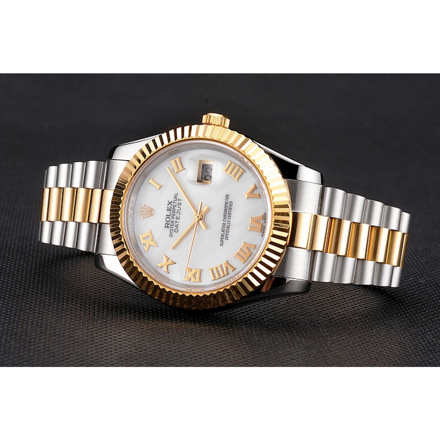 MiroTime Swiss Rolex Datejust White Dial Roman Numerals Gold Bezel Stainless Steel Case Two Tone Bracelet