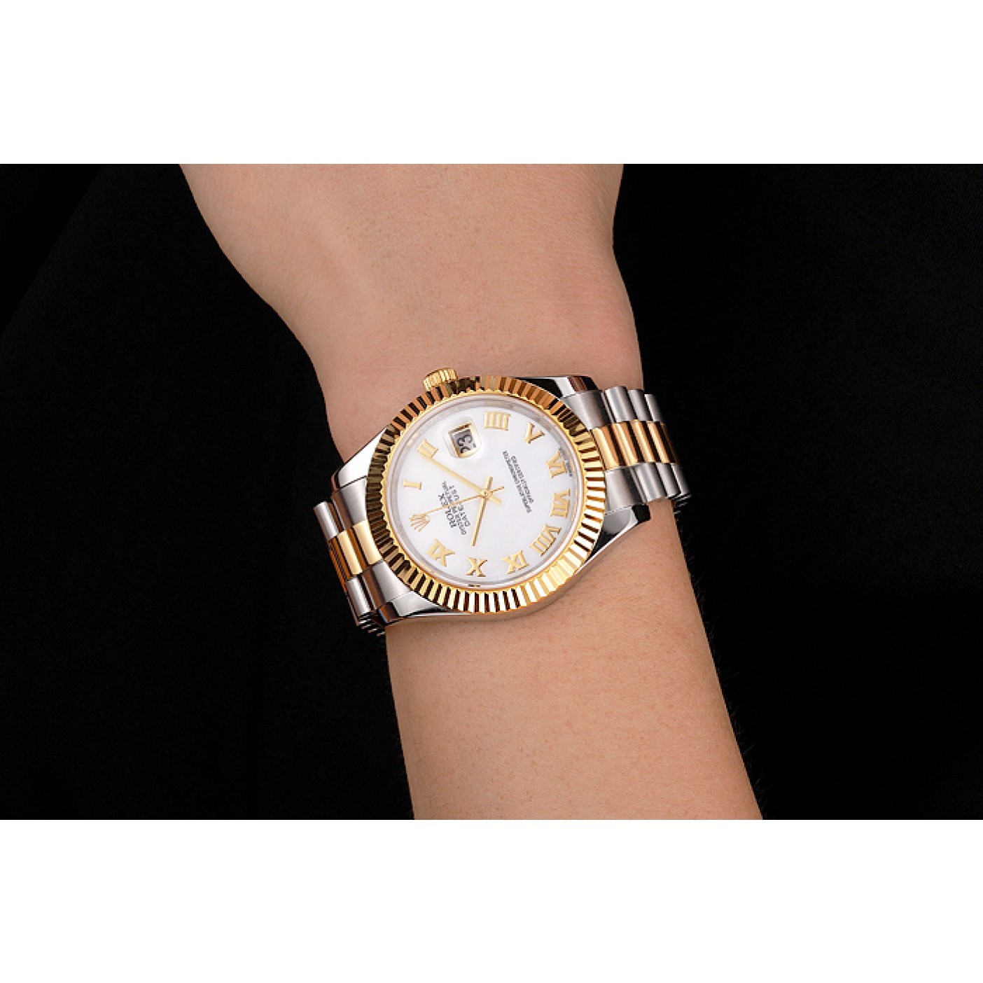 MiroTime Swiss Rolex Datejust White Dial Roman Numerals Gold Bezel Stainless Steel Case Two Tone Bracelet