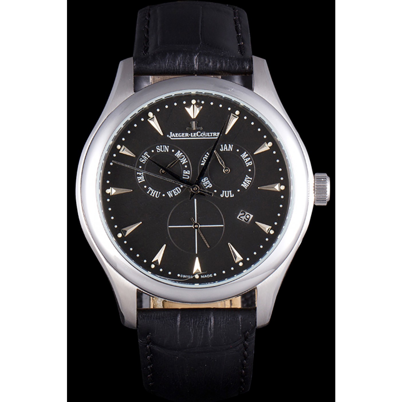 MiroTime Jaeger Lecoultre Master Silver Bezel Black Leather Band 621615