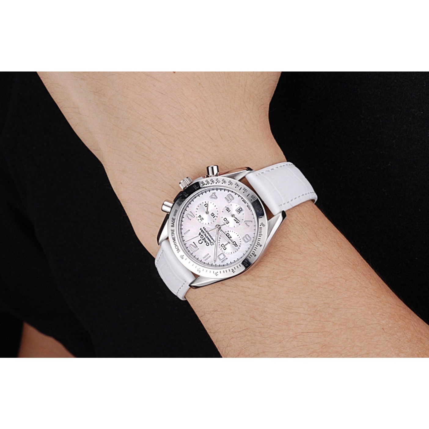 MiroTime Omega Speedmaster Chronograph White Dial White Leather Bracelet 622452