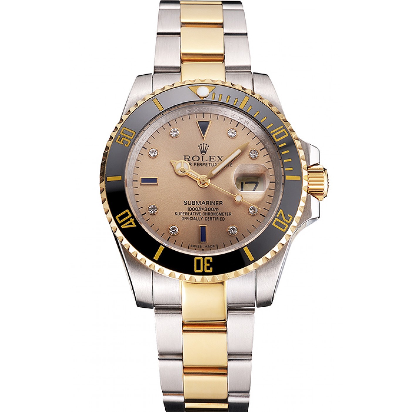 MiroTime Swiss Rolex Submariner Gold Dial Diamond Markings Black Bezel Two Tone Steel Gold Bracelet