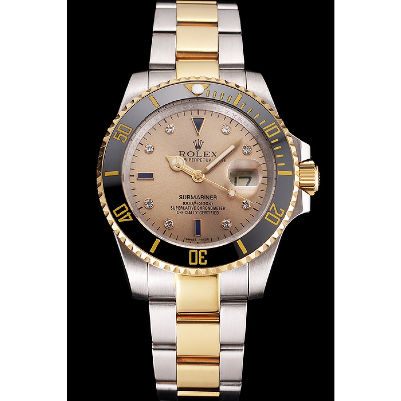 MiroTime Swiss Rolex Submariner Gold Dial Diamond Markings Black Bezel Two Tone Steel Gold Bracelet