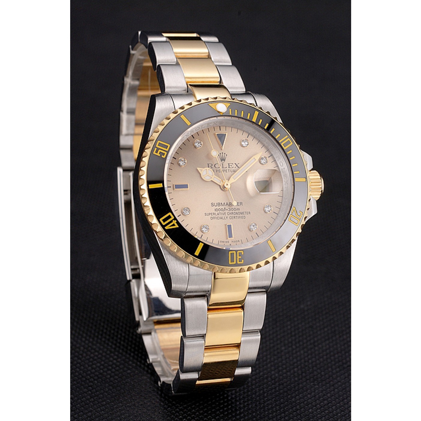 MiroTime Swiss Rolex Submariner Gold Dial Diamond Markings Black Bezel Two Tone Steel Gold Bracelet