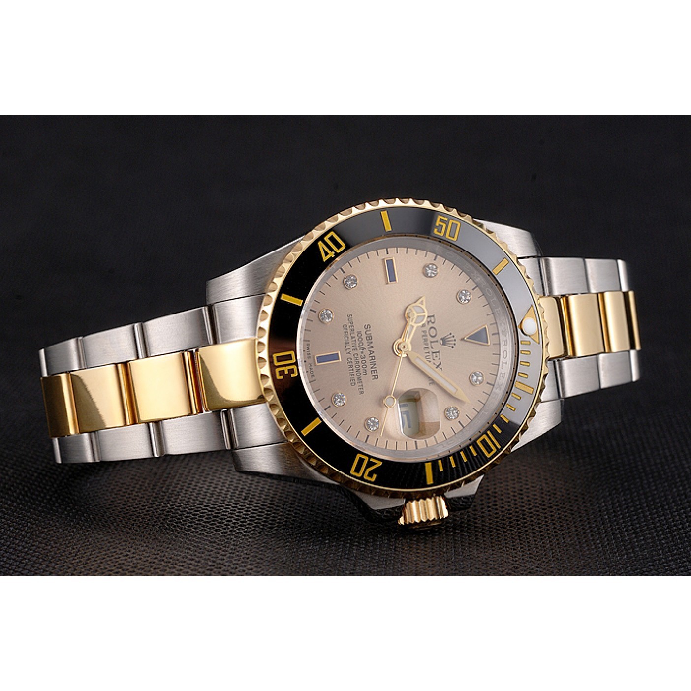 MiroTime Swiss Rolex Submariner Gold Dial Diamond Markings Black Bezel Two Tone Steel Gold Bracelet