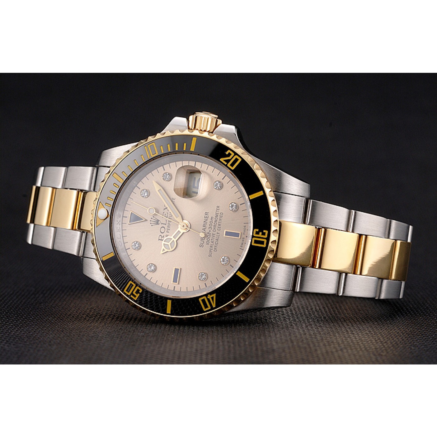 MiroTime Swiss Rolex Submariner Gold Dial Diamond Markings Black Bezel Two Tone Steel Gold Bracelet