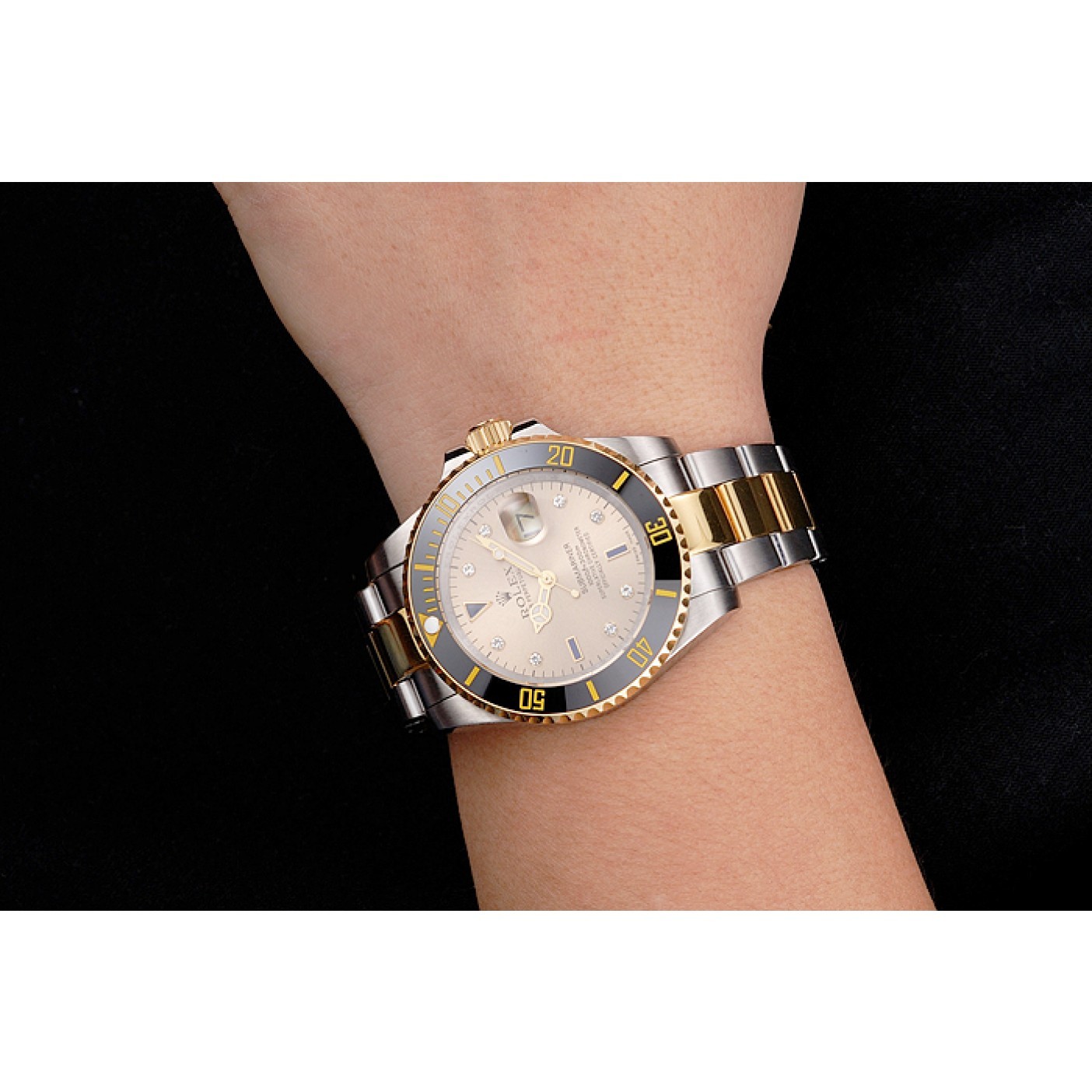 MiroTime Swiss Rolex Submariner Gold Dial Diamond Markings Black Bezel Two Tone Steel Gold Bracelet