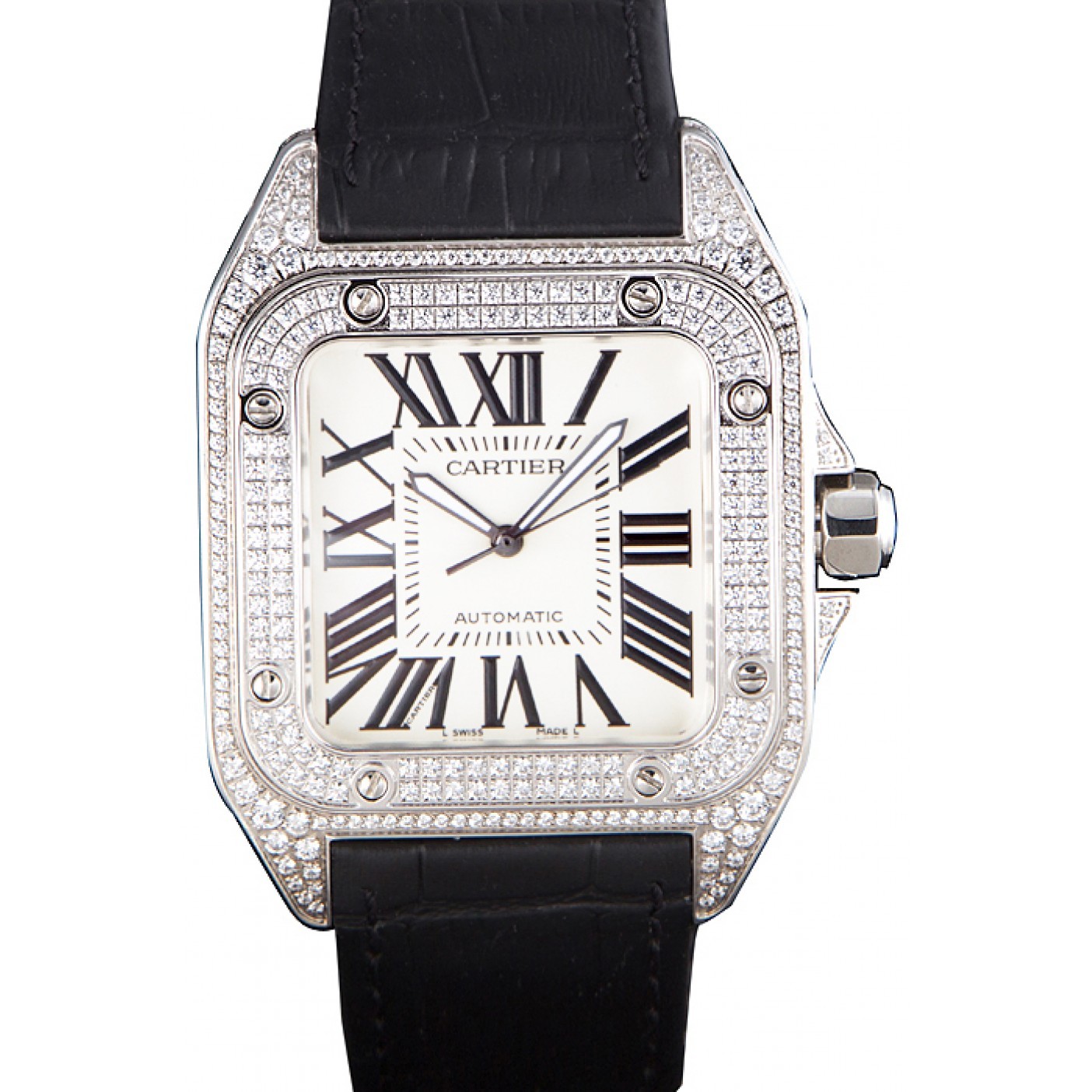 MiroTime Swiss Cartier Santos Silver Bezel with Diamonds and Black Leather Strap sct47 621531