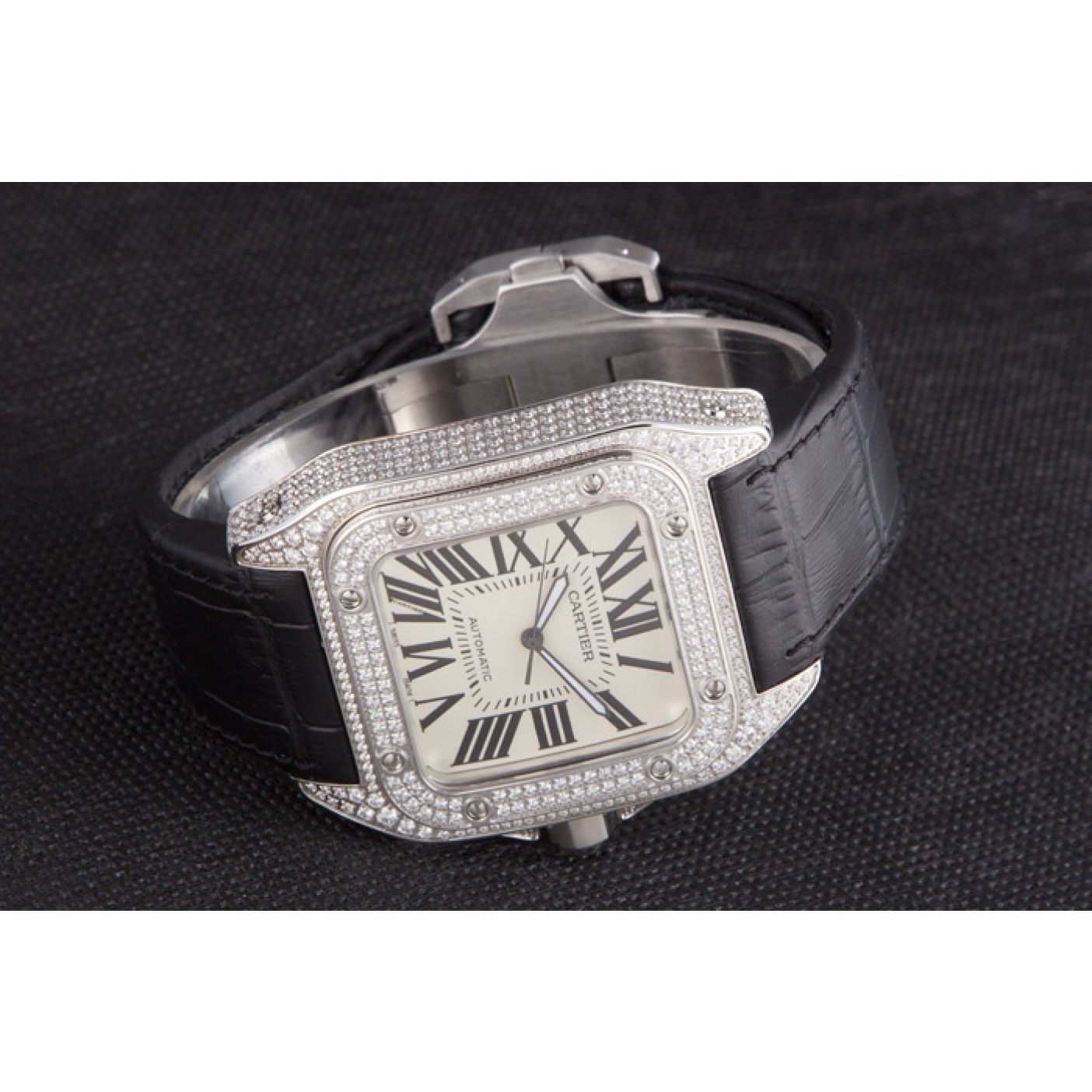 MiroTime Swiss Cartier Santos Silver Bezel with Diamonds and Black Leather Strap sct47 621531