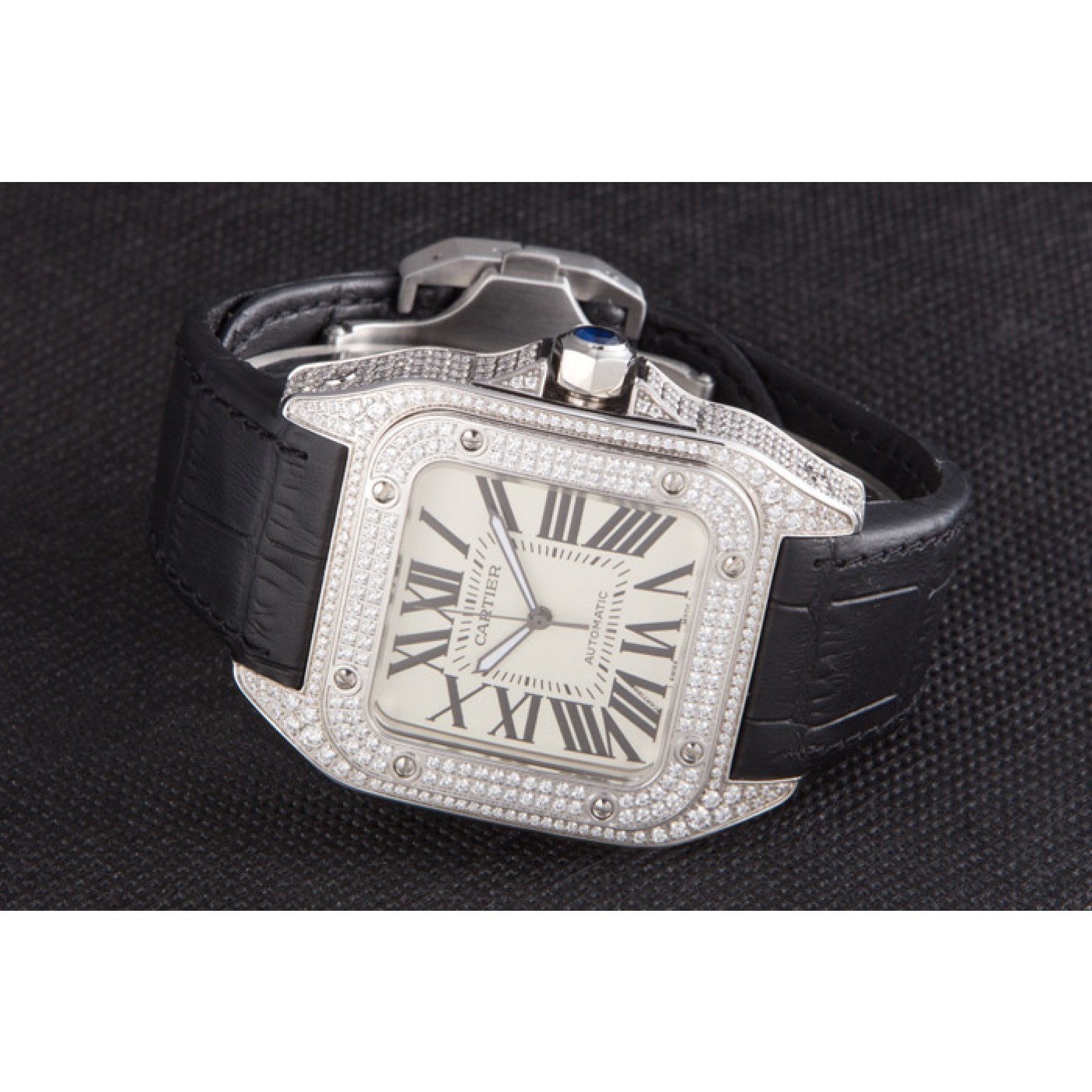 MiroTime Swiss Cartier Santos Silver Bezel with Diamonds and Black Leather Strap sct47 621531
