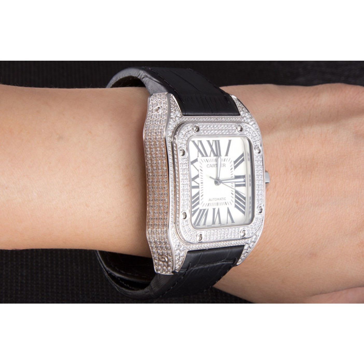 MiroTime Swiss Cartier Santos Silver Bezel with Diamonds and Black Leather Strap sct47 621531