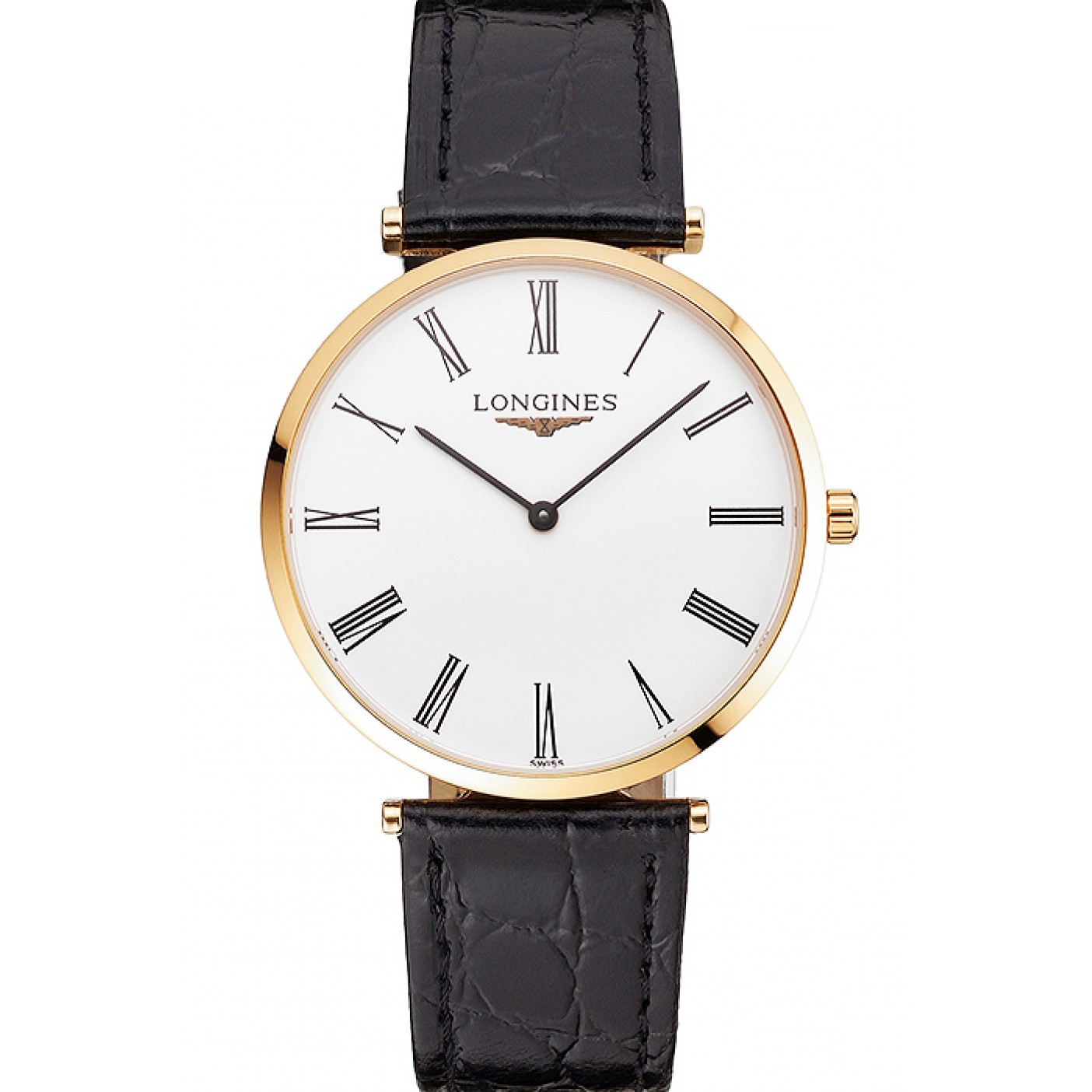 MiroTime Swiss Longines Grande Classique White Dial Roman Numerals Gold Case Black Leather Strap
