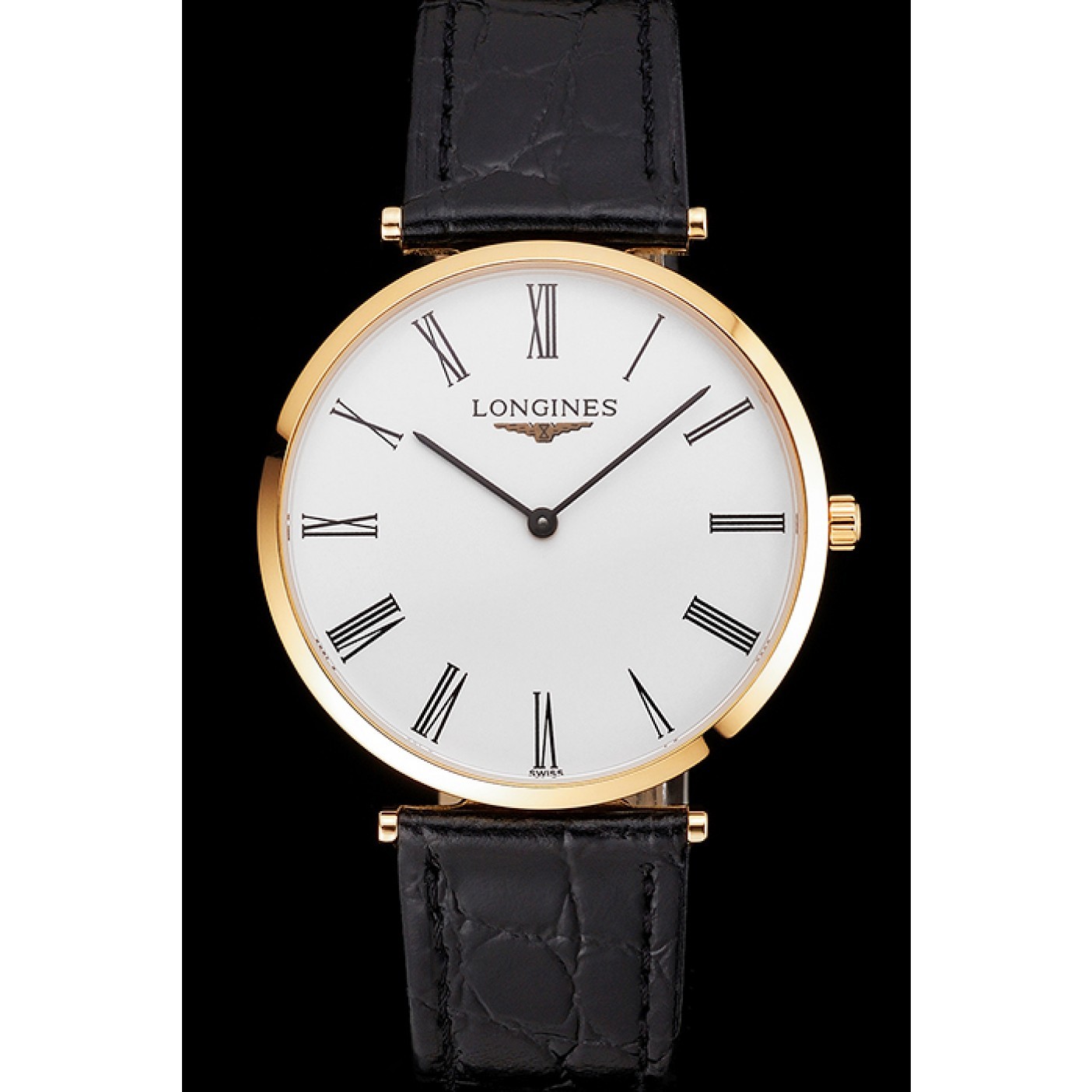 MiroTime Swiss Longines Grande Classique White Dial Roman Numerals Gold Case Black Leather Strap