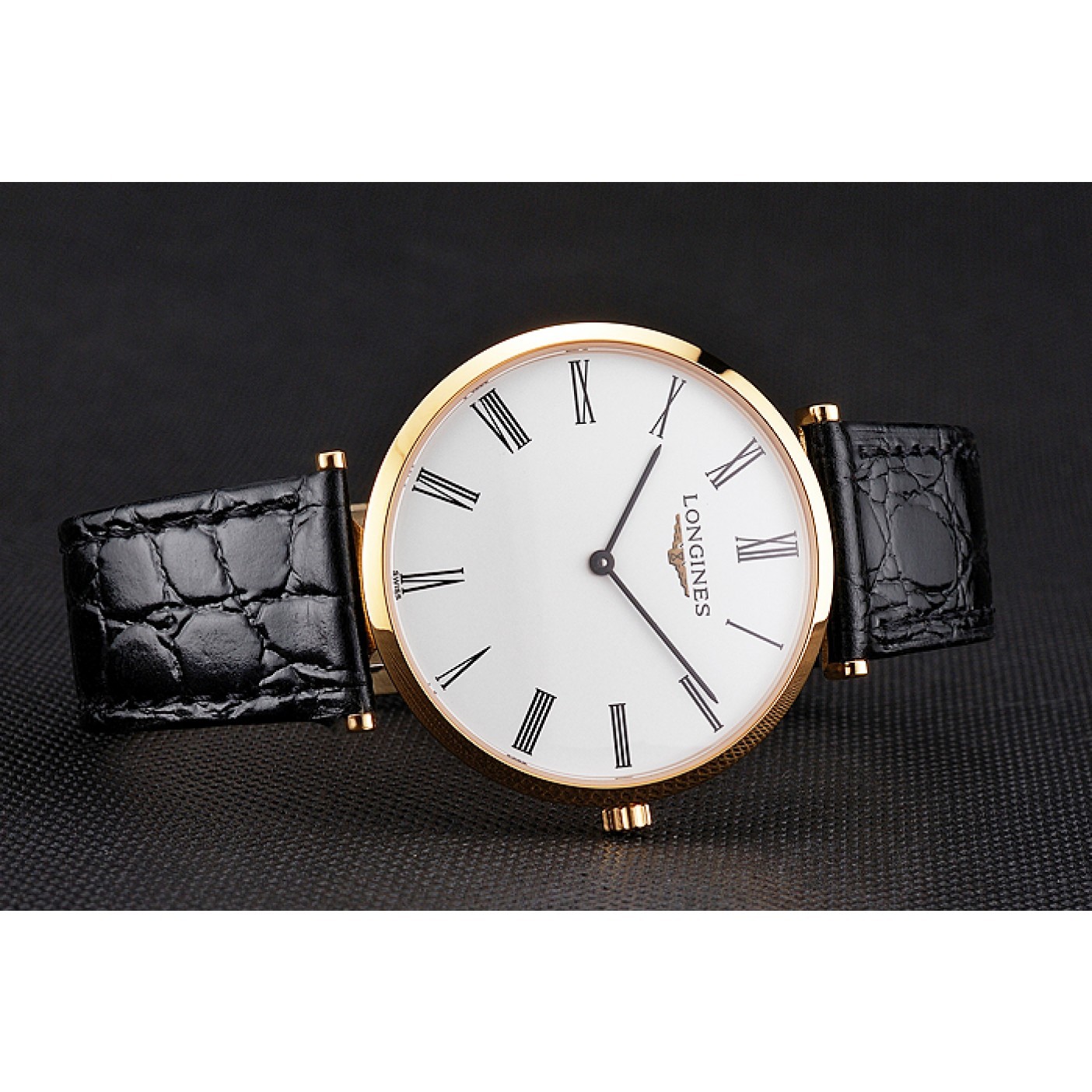 MiroTime Swiss Longines Grande Classique White Dial Roman Numerals Gold Case Black Leather Strap