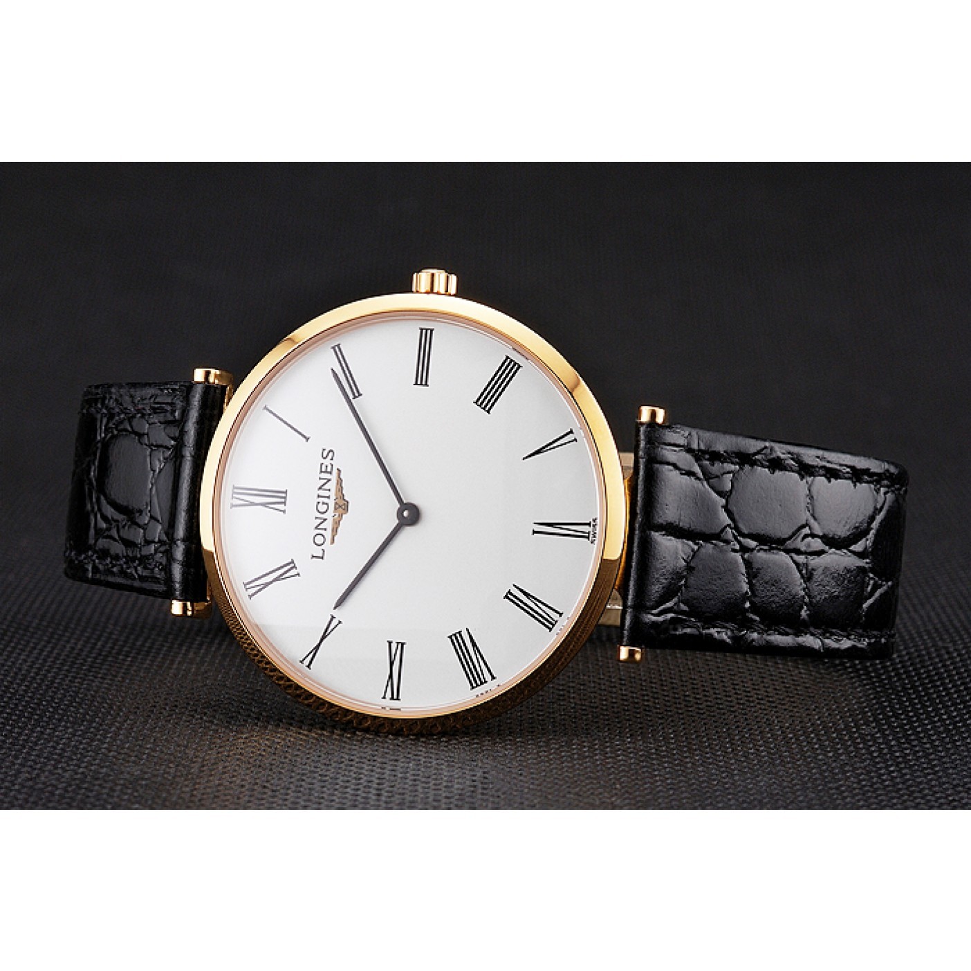 MiroTime Swiss Longines Grande Classique White Dial Roman Numerals Gold Case Black Leather Strap