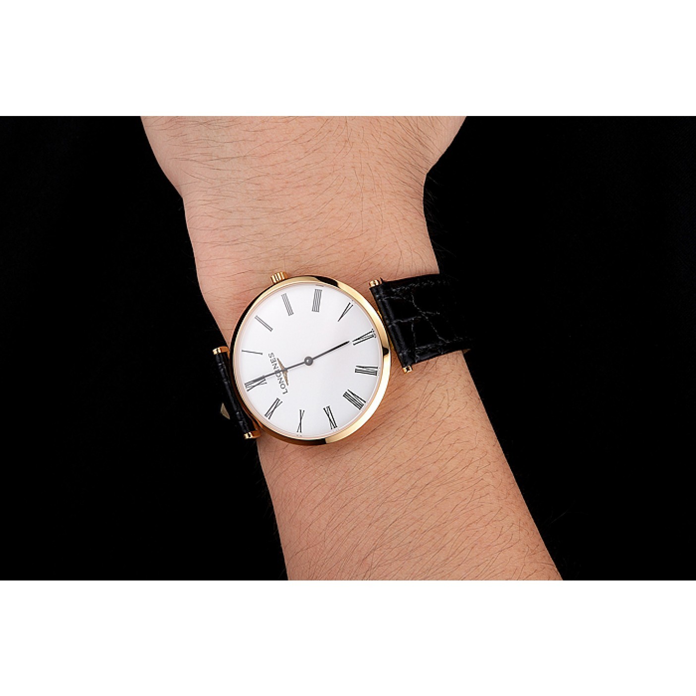 MiroTime Swiss Longines Grande Classique White Dial Roman Numerals Gold Case Black Leather Strap