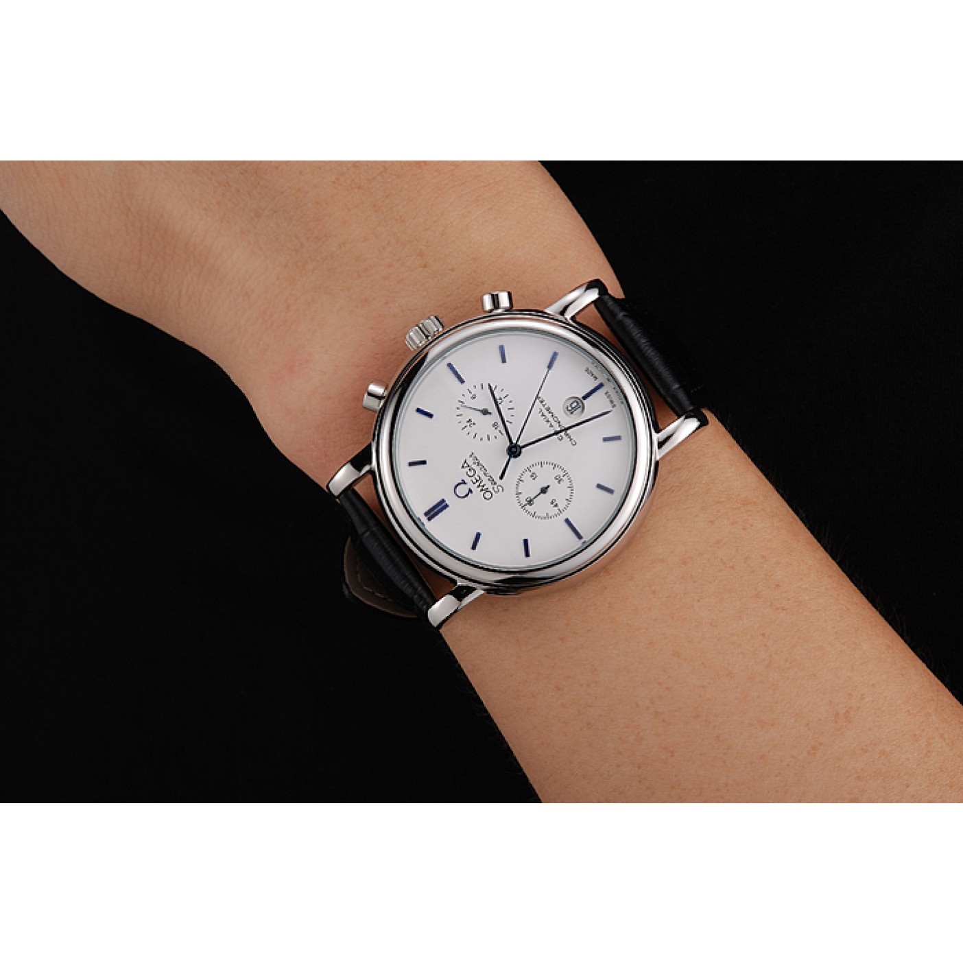 MiroTime Omega Seamaster Vintage Chronograph White Dial Blue Hour Marks Stainless Steel Case Black Leather Strap
