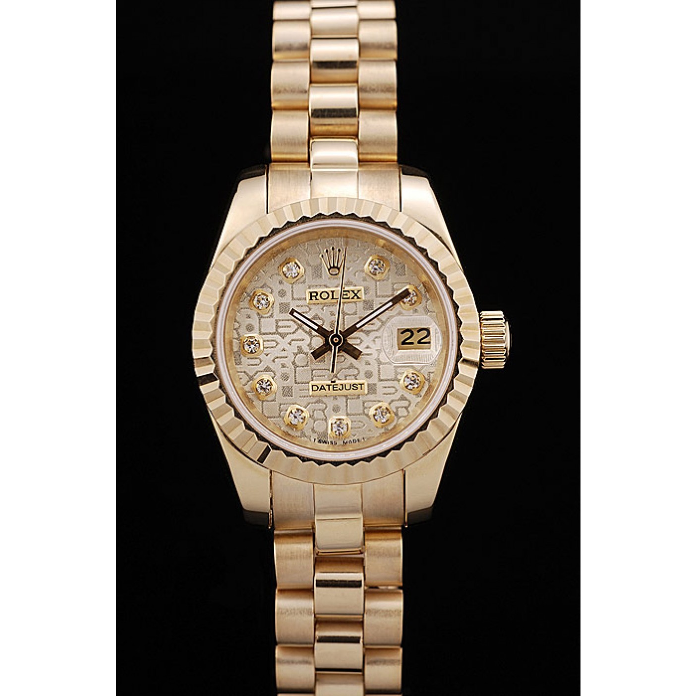 MiroTime Rolex DateJust Ribbed Pattern Gold Bezel Gold Dial