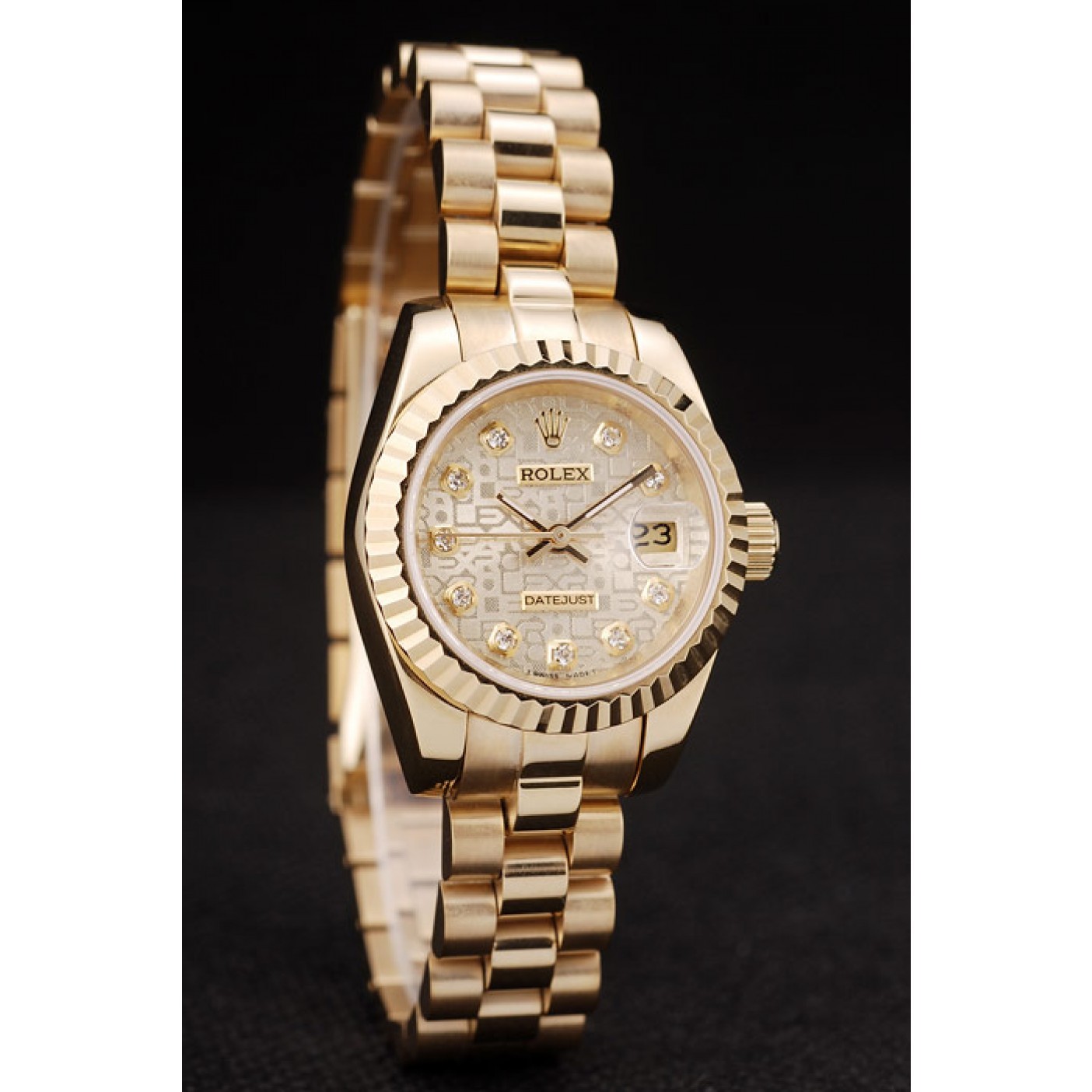 MiroTime Rolex DateJust Ribbed Pattern Gold Bezel Gold Dial