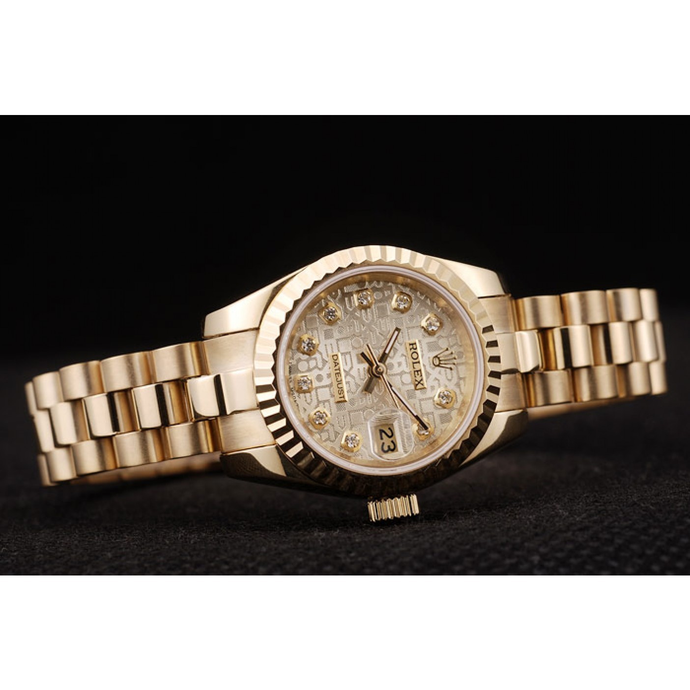 MiroTime Rolex DateJust Ribbed Pattern Gold Bezel Gold Dial