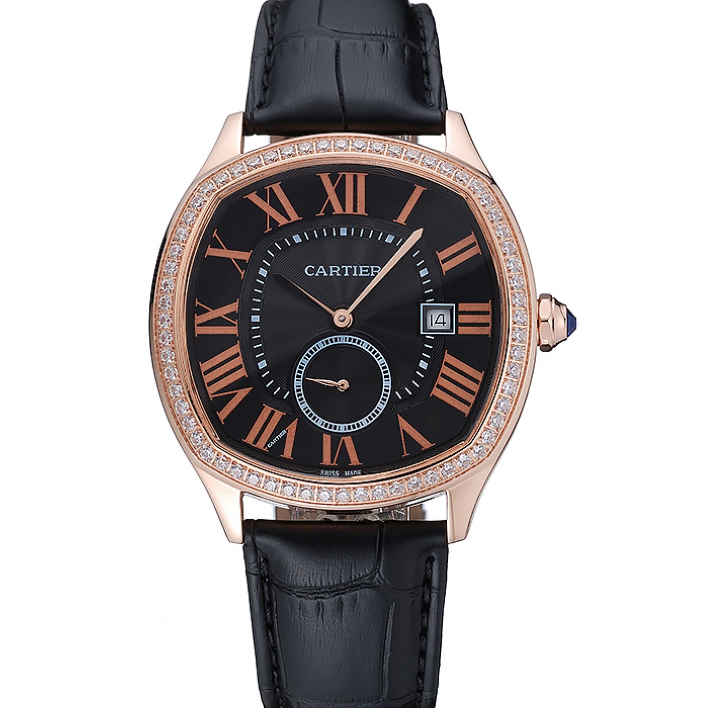 MiroTime Cartier Drive De Cartier Black Dial Gold Diamond Case Black Leather Bracelet 1454217