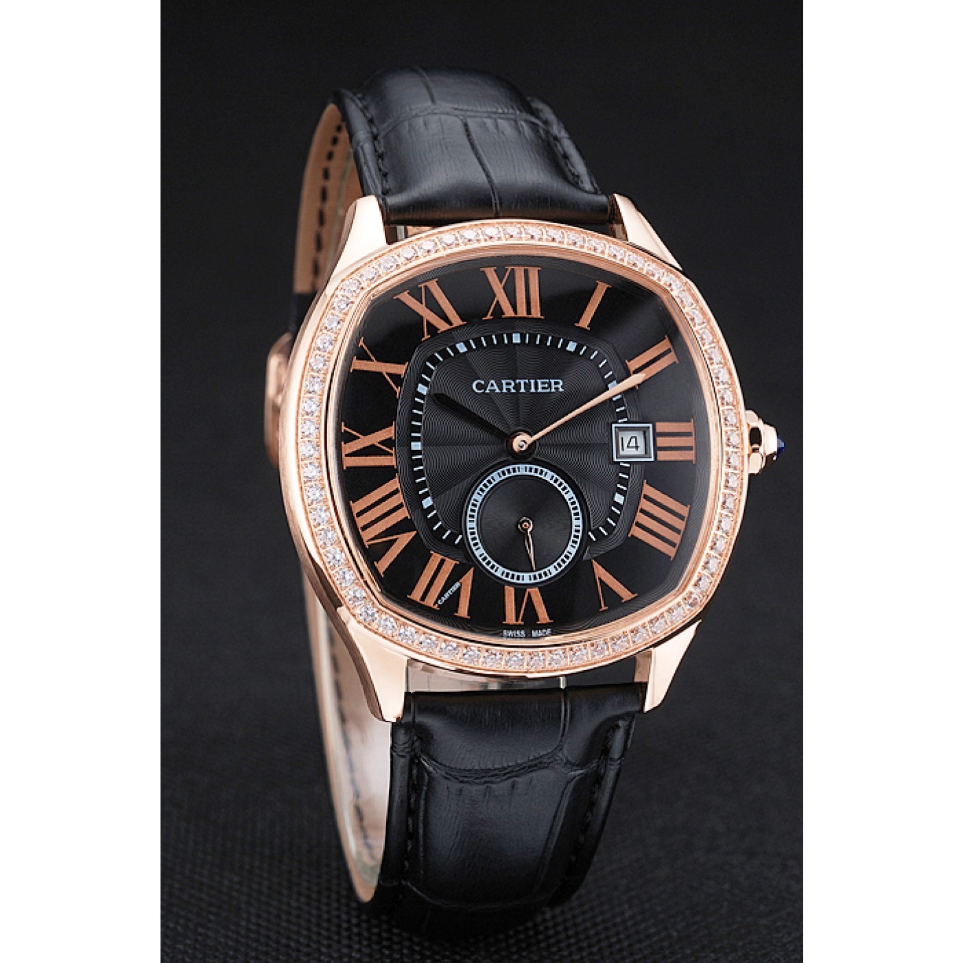 MiroTime Cartier Drive De Cartier Black Dial Gold Diamond Case Black Leather Bracelet 1454217