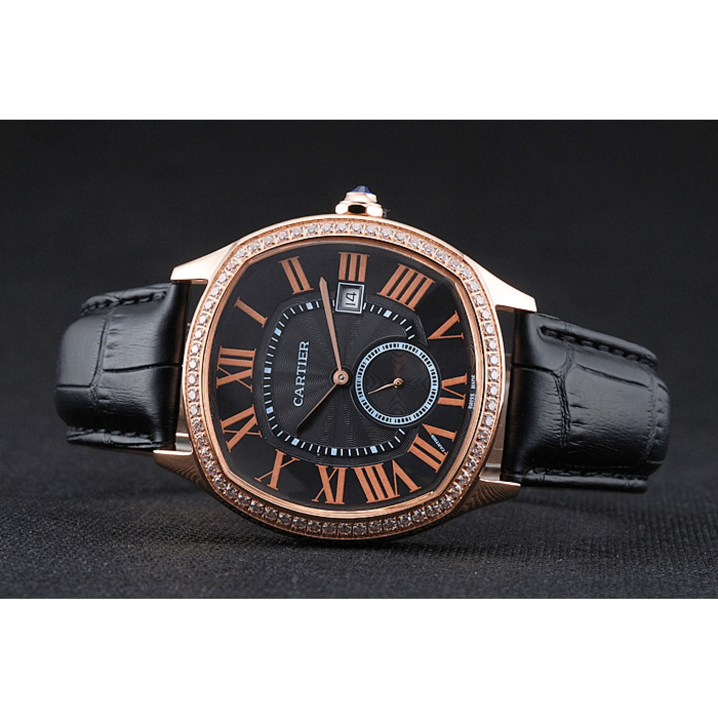 MiroTime Cartier Drive De Cartier Black Dial Gold Diamond Case Black Leather Bracelet 1454217