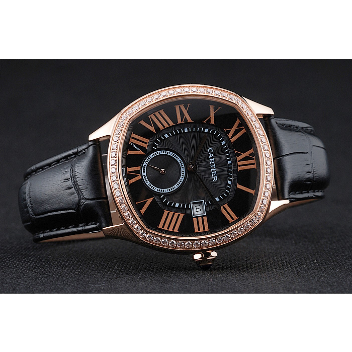 MiroTime Cartier Drive De Cartier Black Dial Gold Diamond Case Black Leather Bracelet 1454217