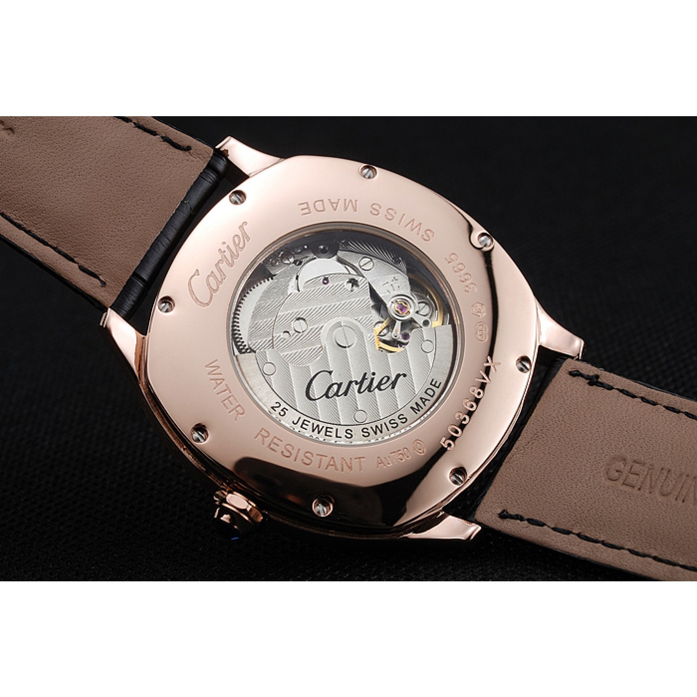MiroTime Cartier Drive De Cartier Black Dial Gold Diamond Case Black Leather Bracelet 1454217