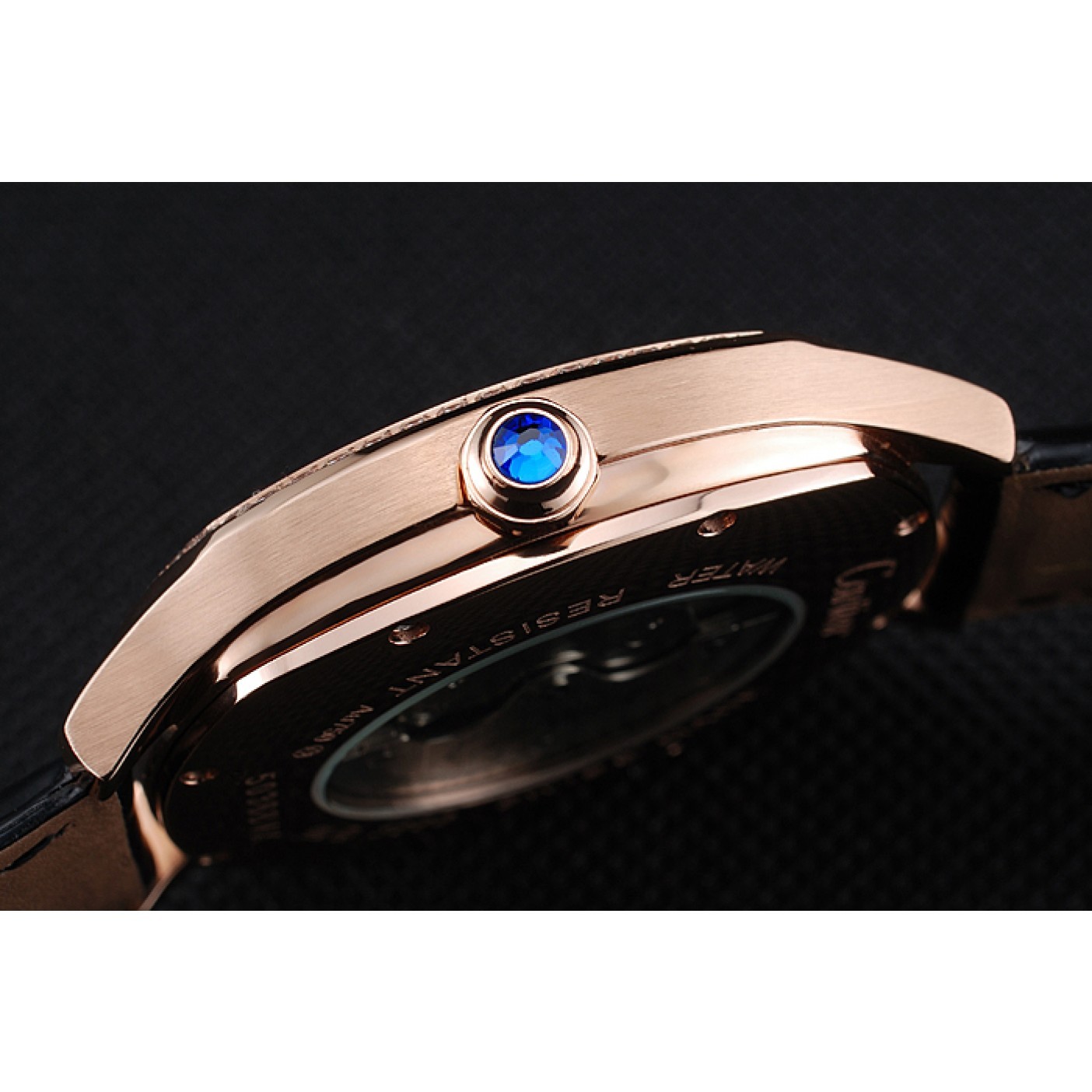 MiroTime Cartier Drive De Cartier Black Dial Gold Diamond Case Black Leather Bracelet 1454217