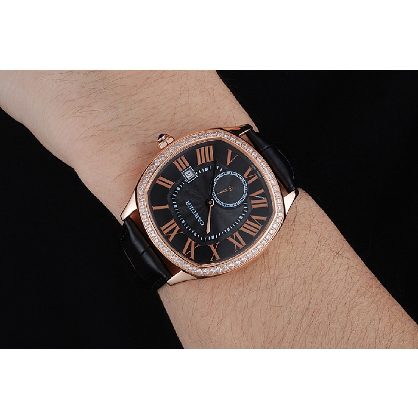 MiroTime Cartier Drive De Cartier Black Dial Gold Diamond Case Black Leather Bracelet 1454217