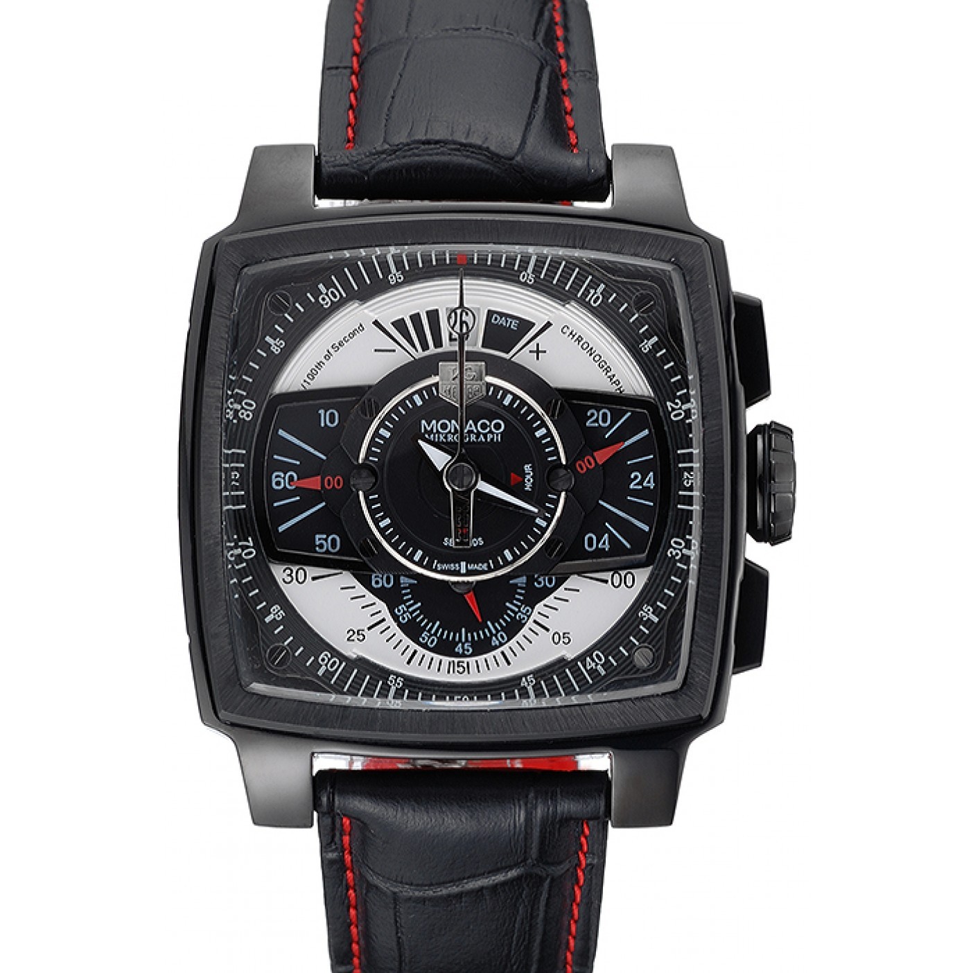 MiroTime Tag Heuer Monaco Black-Red Perforated Leather Strap Black Dial 80309