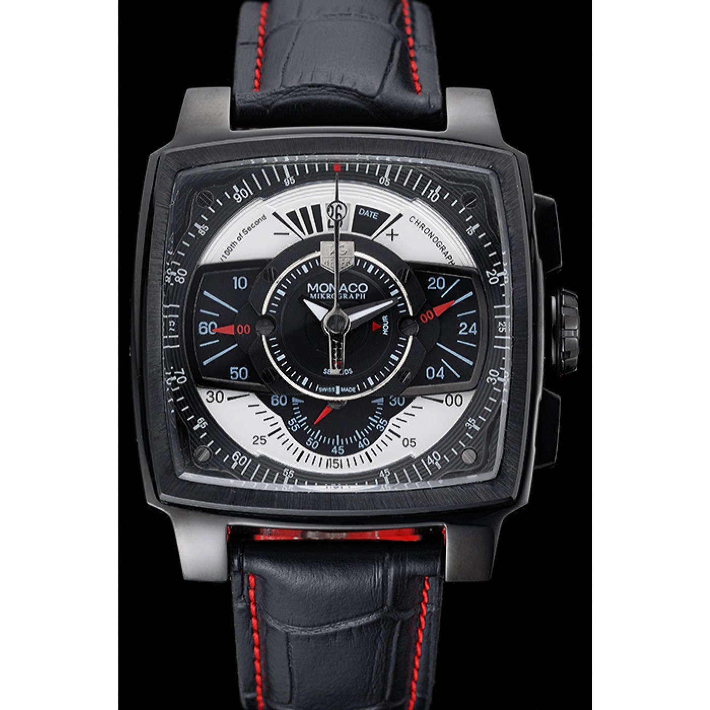 MiroTime Tag Heuer Monaco Black-Red Perforated Leather Strap Black Dial 80309