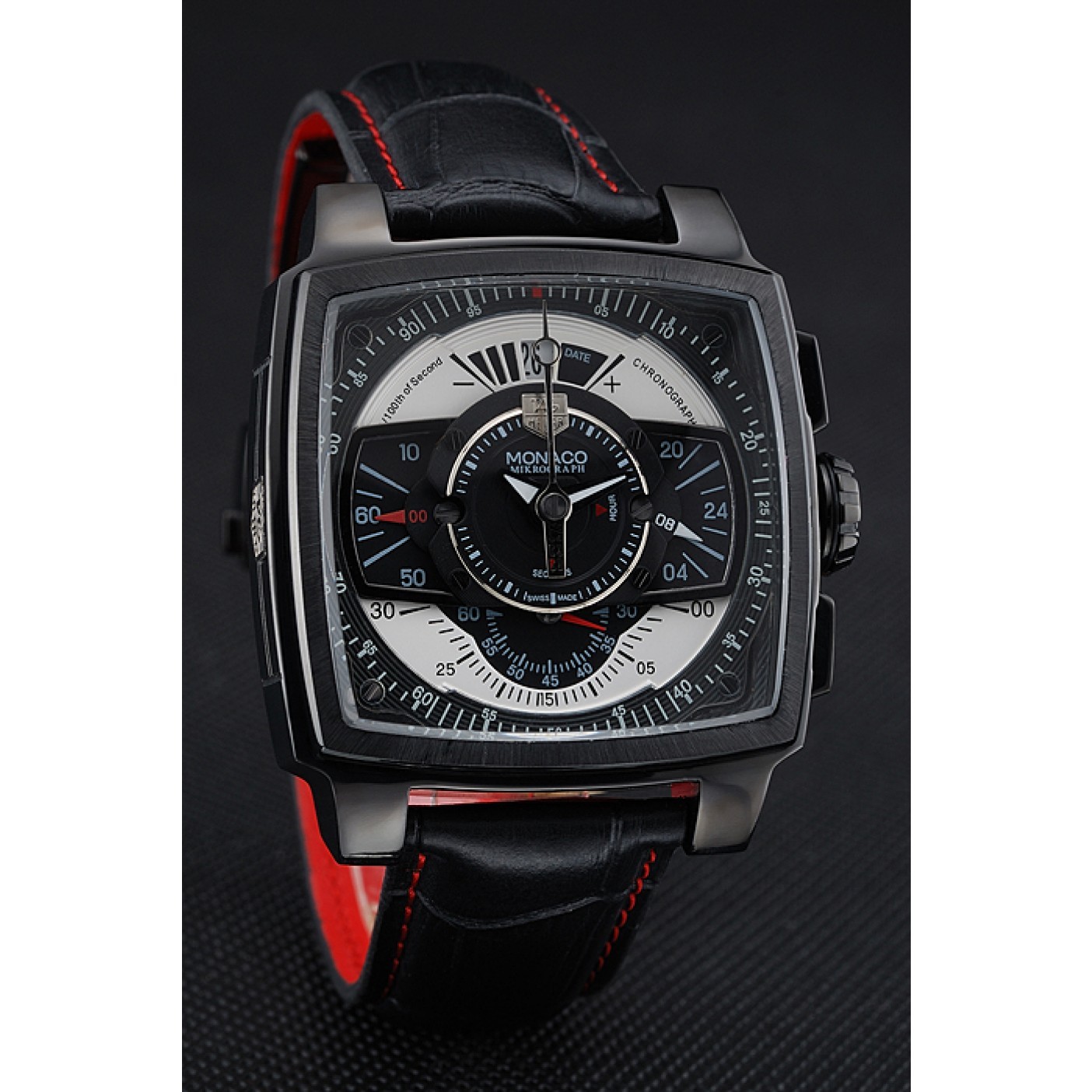 MiroTime Tag Heuer Monaco Black-Red Perforated Leather Strap Black Dial 80309