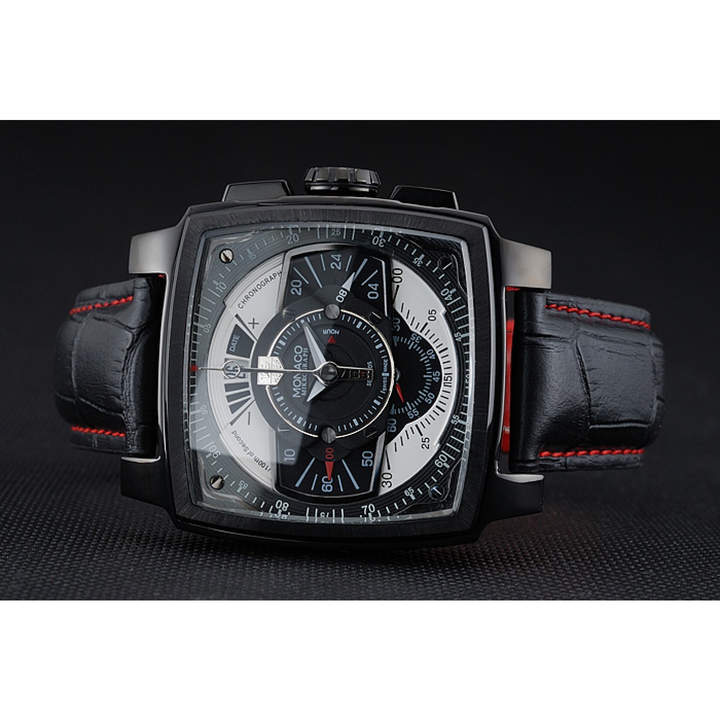 MiroTime Tag Heuer Monaco Black-Red Perforated Leather Strap Black Dial 80309
